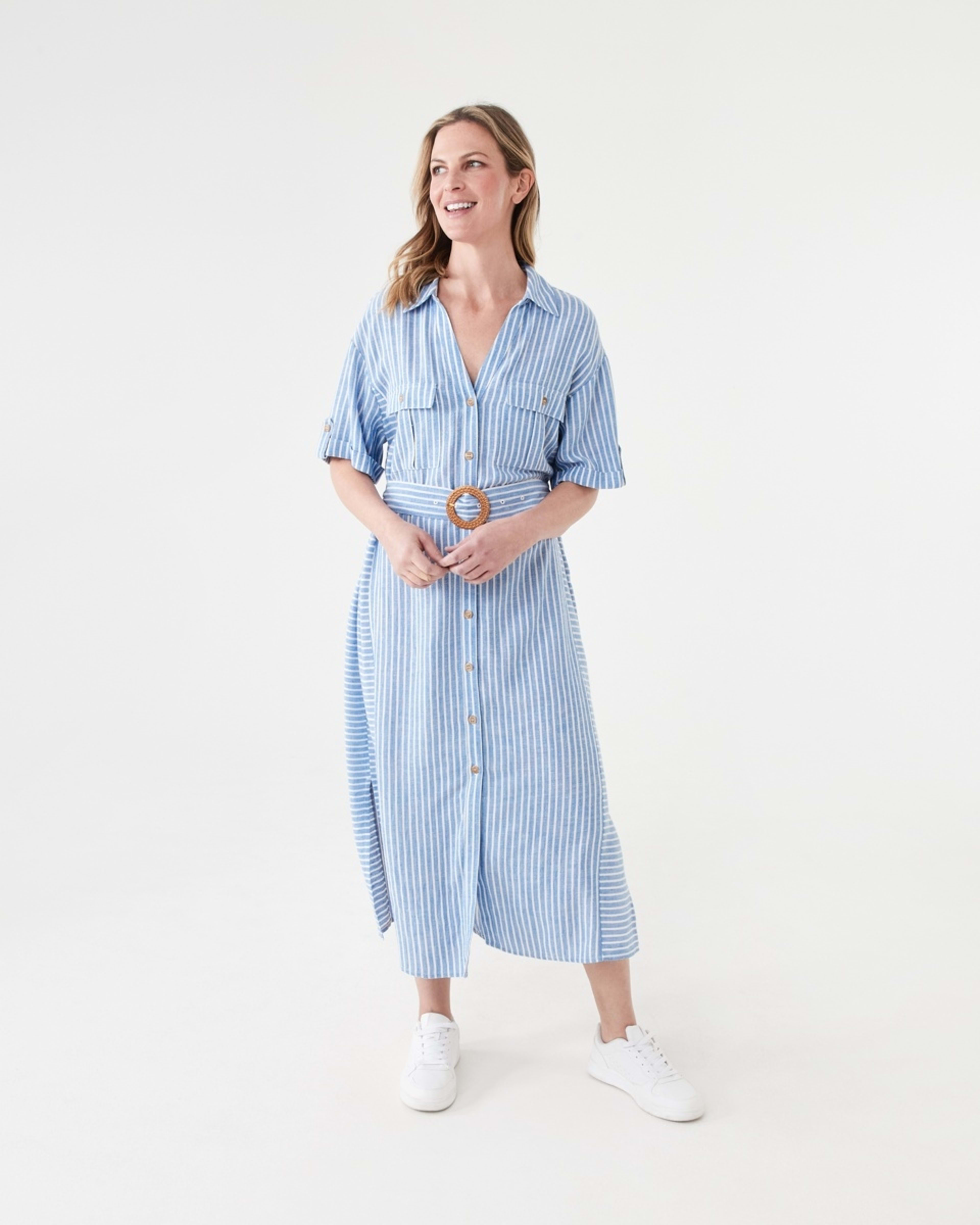 1 Short Sleeve Utility Shirt Midi Dress RESORT STRIPE BLUE MARINE