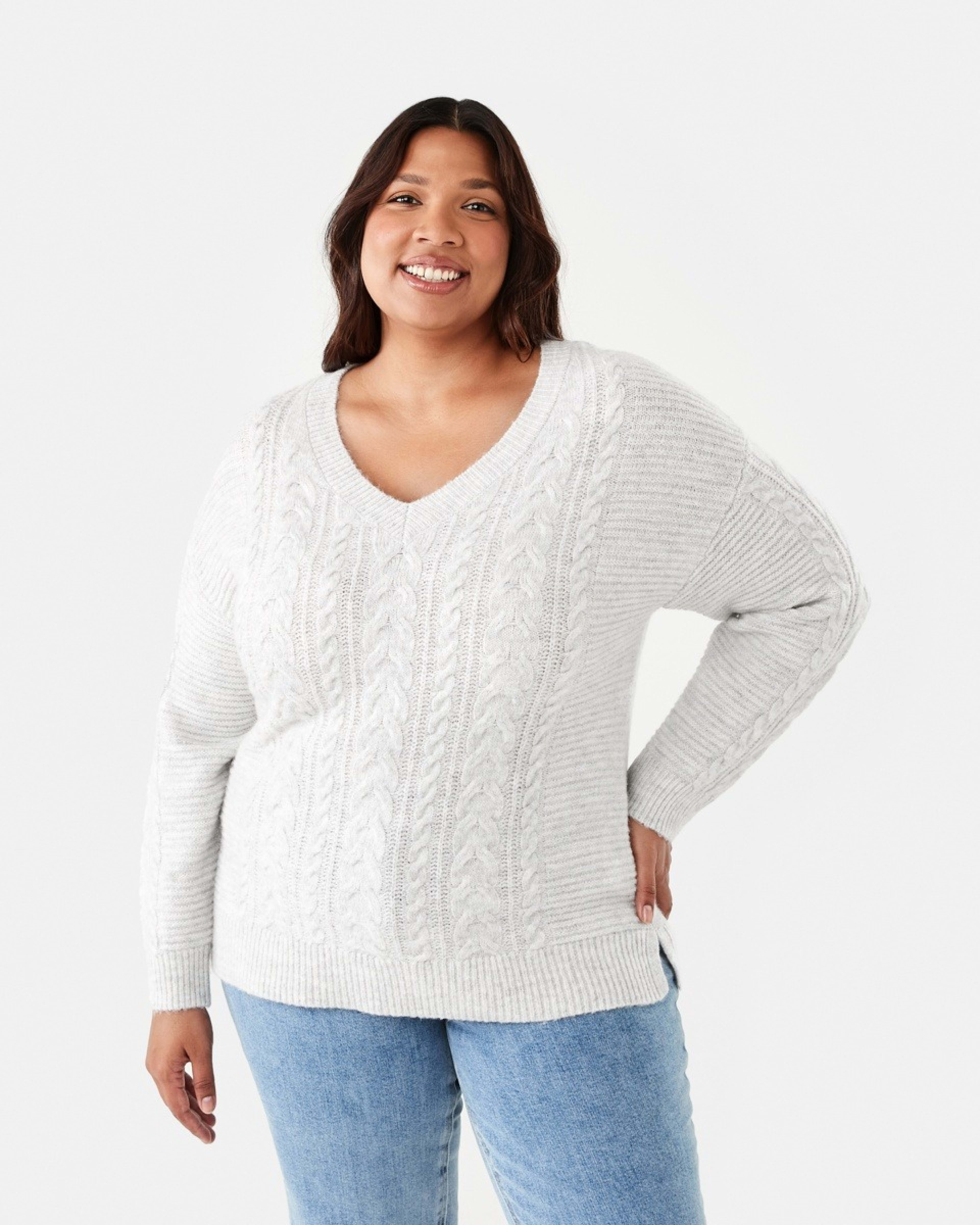 1 Curve Cable V-Neck Jumper Wht Marle, 1 of 6
