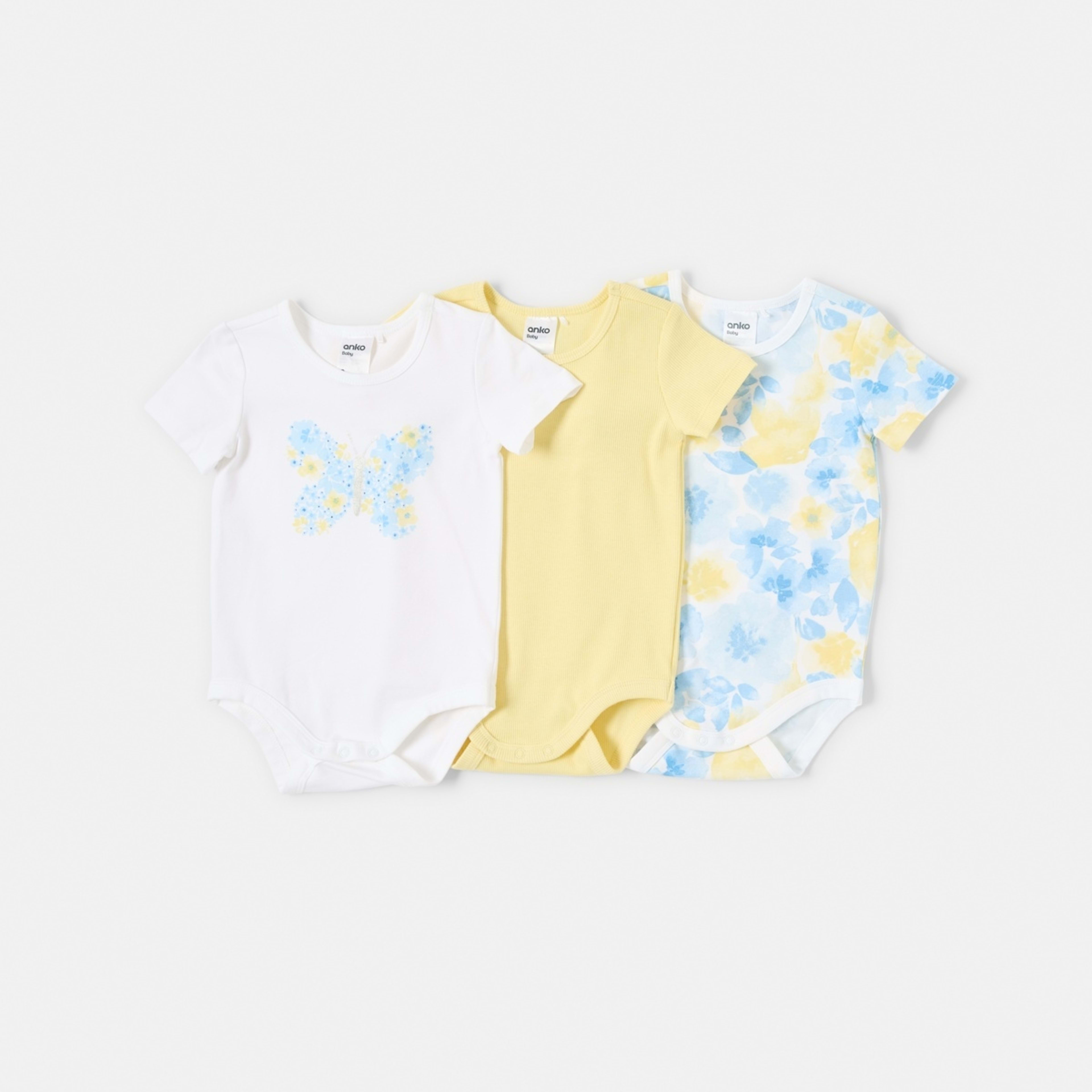 1 3 Pack Short Sleeve Bodysuits Butterfly, 1 of 8