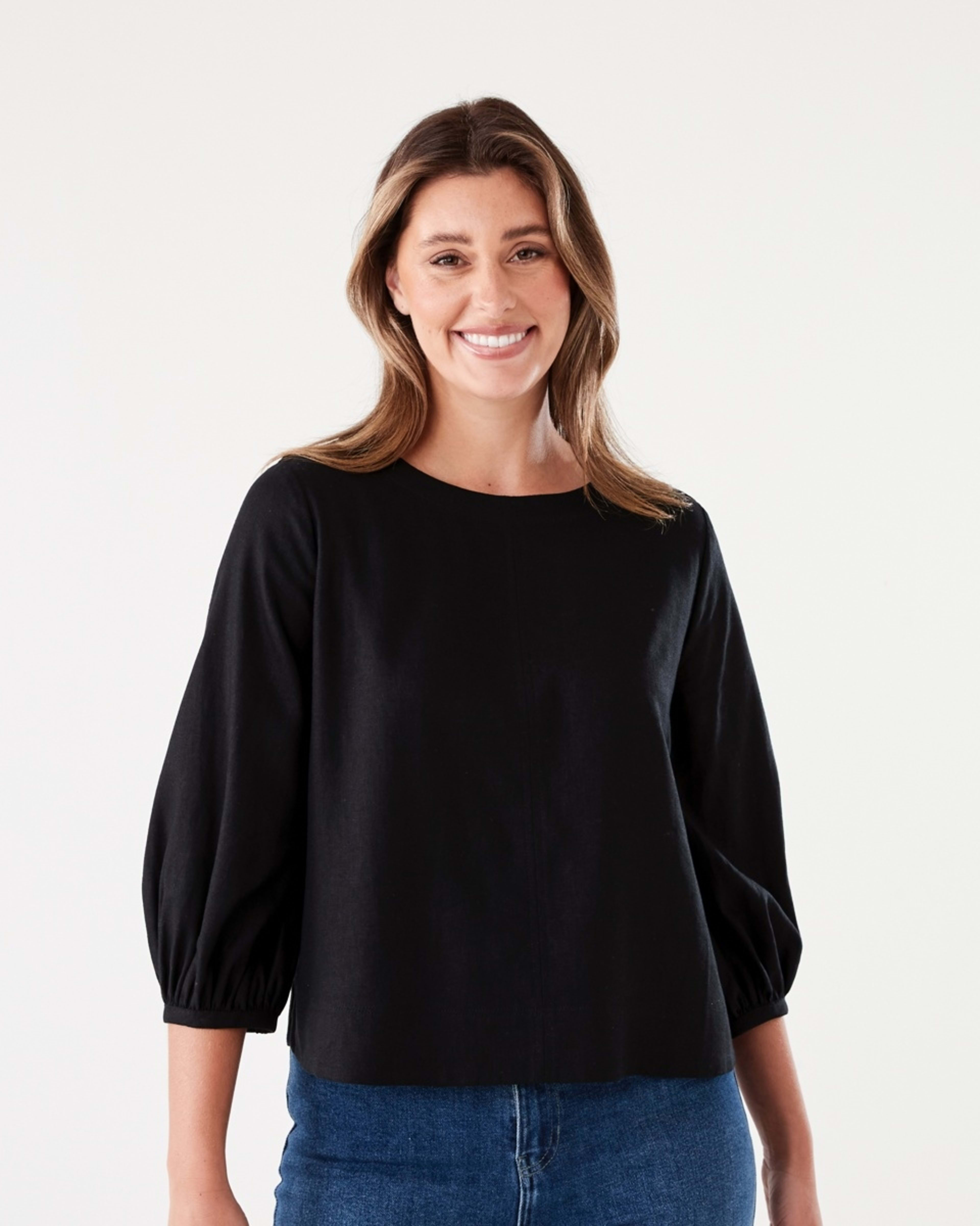 1 Long Sleeve Linen Blend Top BLACK, 1 of 6