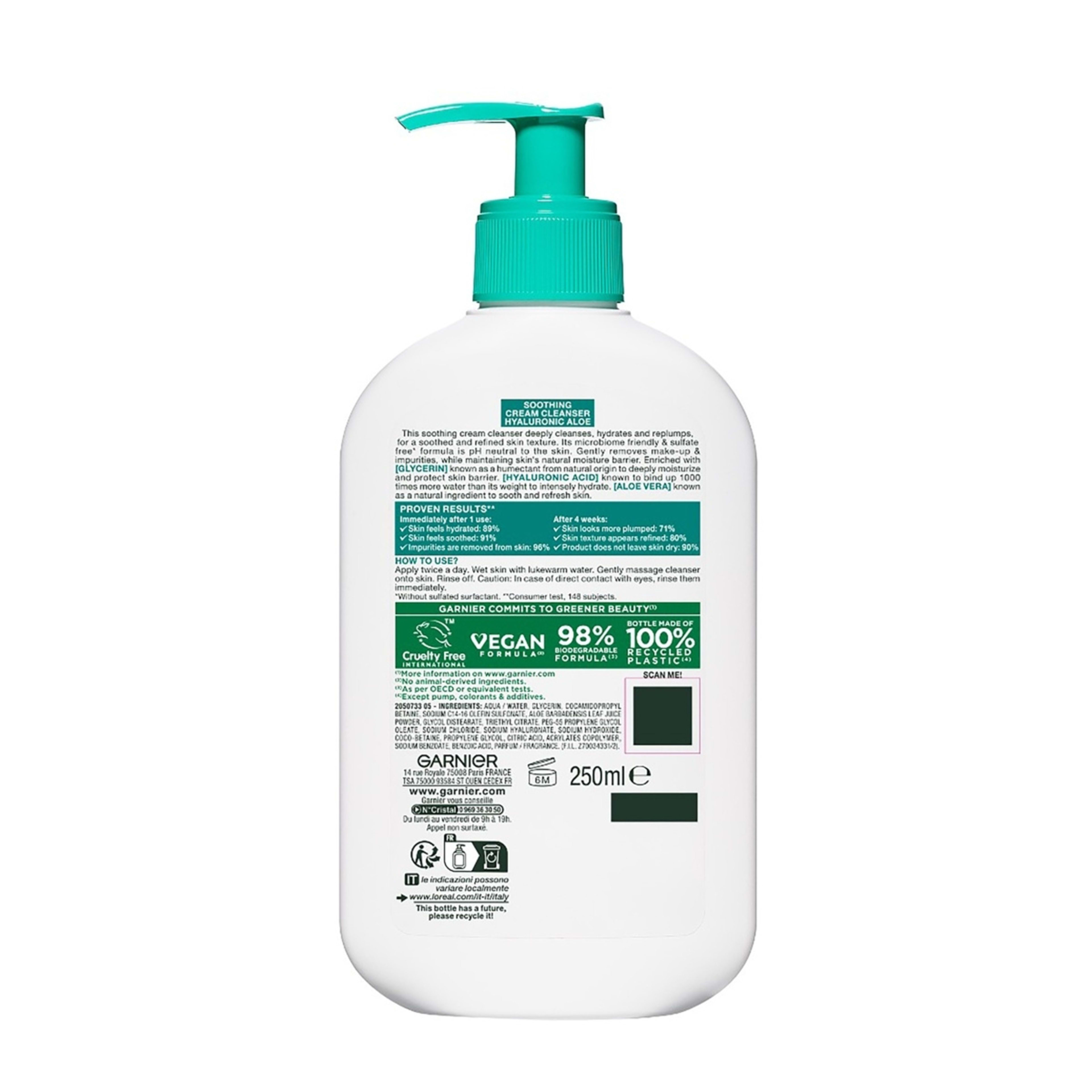 2 Garnier SkinActive Soothing Cream Cleanser 250ml - Hyaluronic Acid and Aloe Vera, 2 of 10