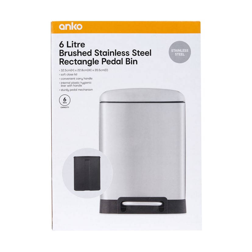 6L Brushed Stainless Steel Rectangle Pedal Bin Kmart