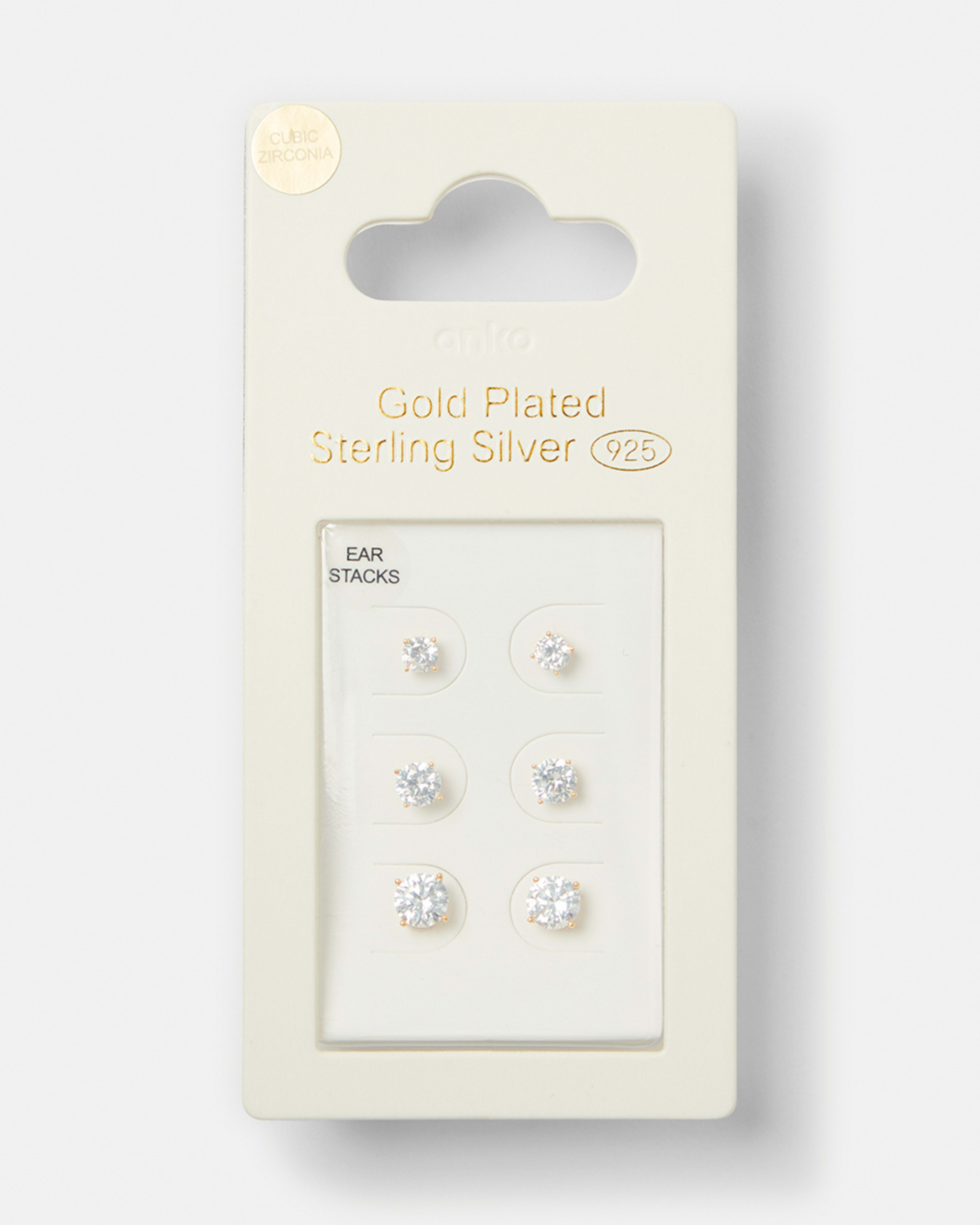 5 3 Pack Gold Plated Sterling Silver Diamante Stud Earrings Gold, 5 of 5