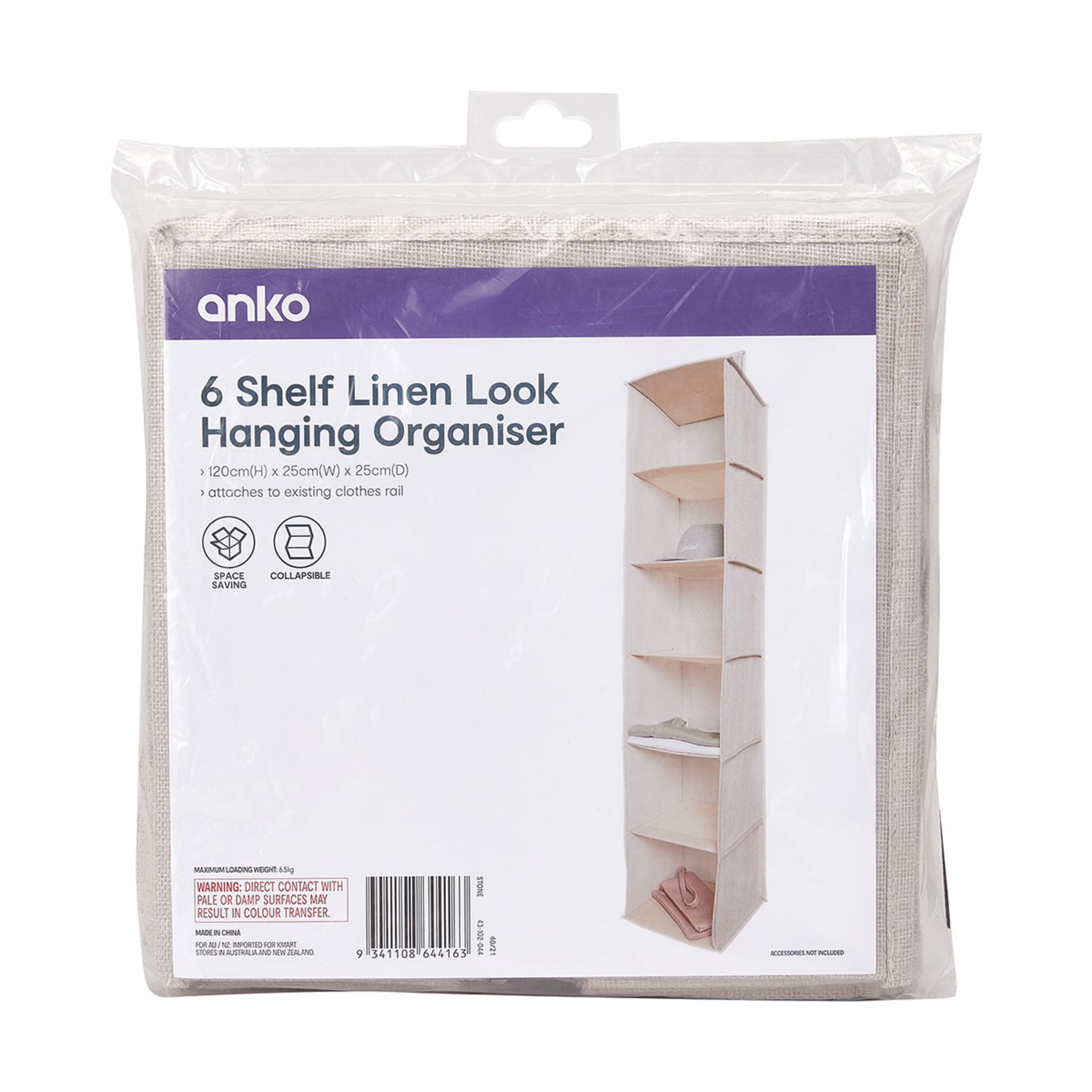 6 Shelf Linen Look Hanging Organiser Kmart