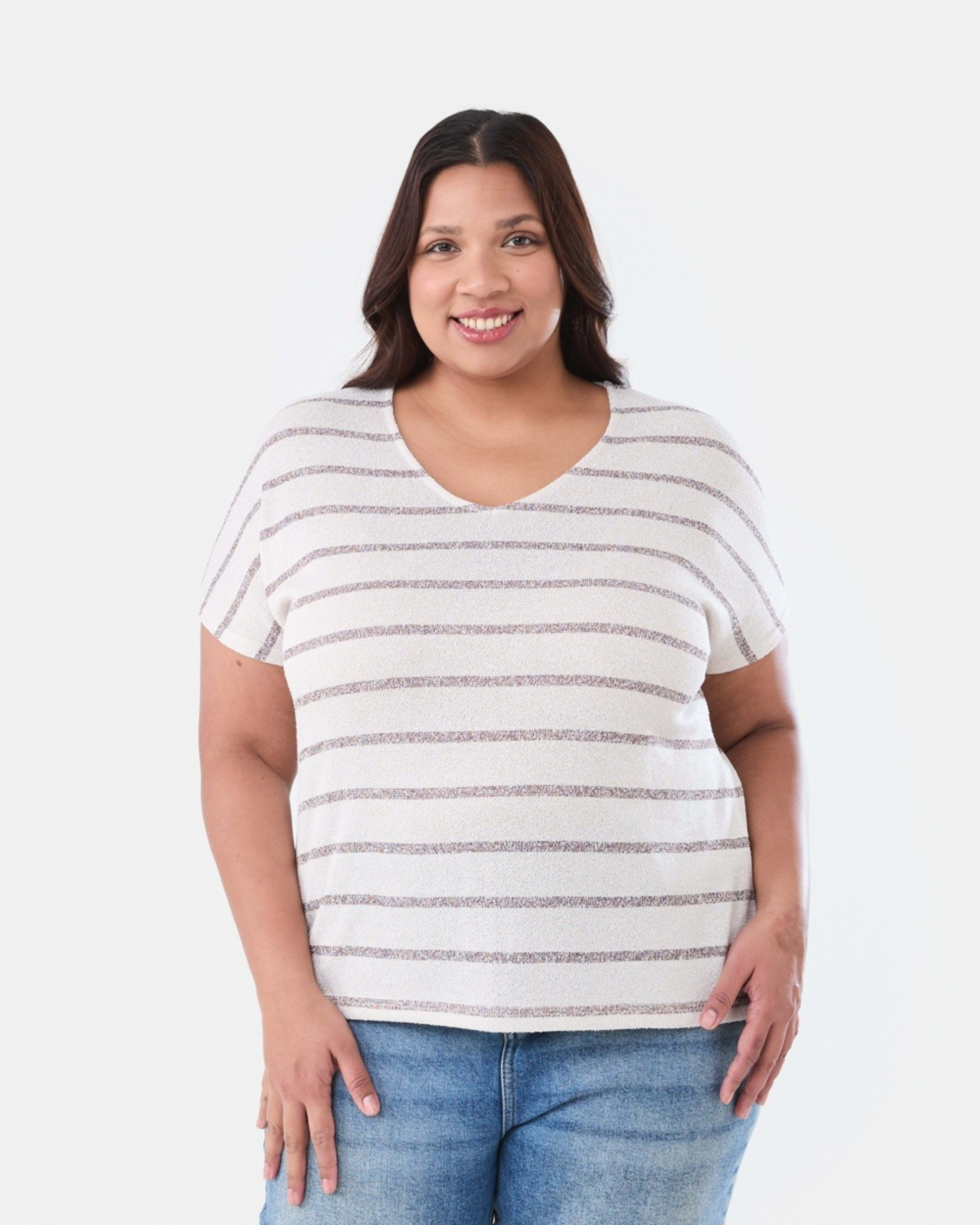 1 Curve Short Sleeve Textured Top STRIPE WARM MULBERRY