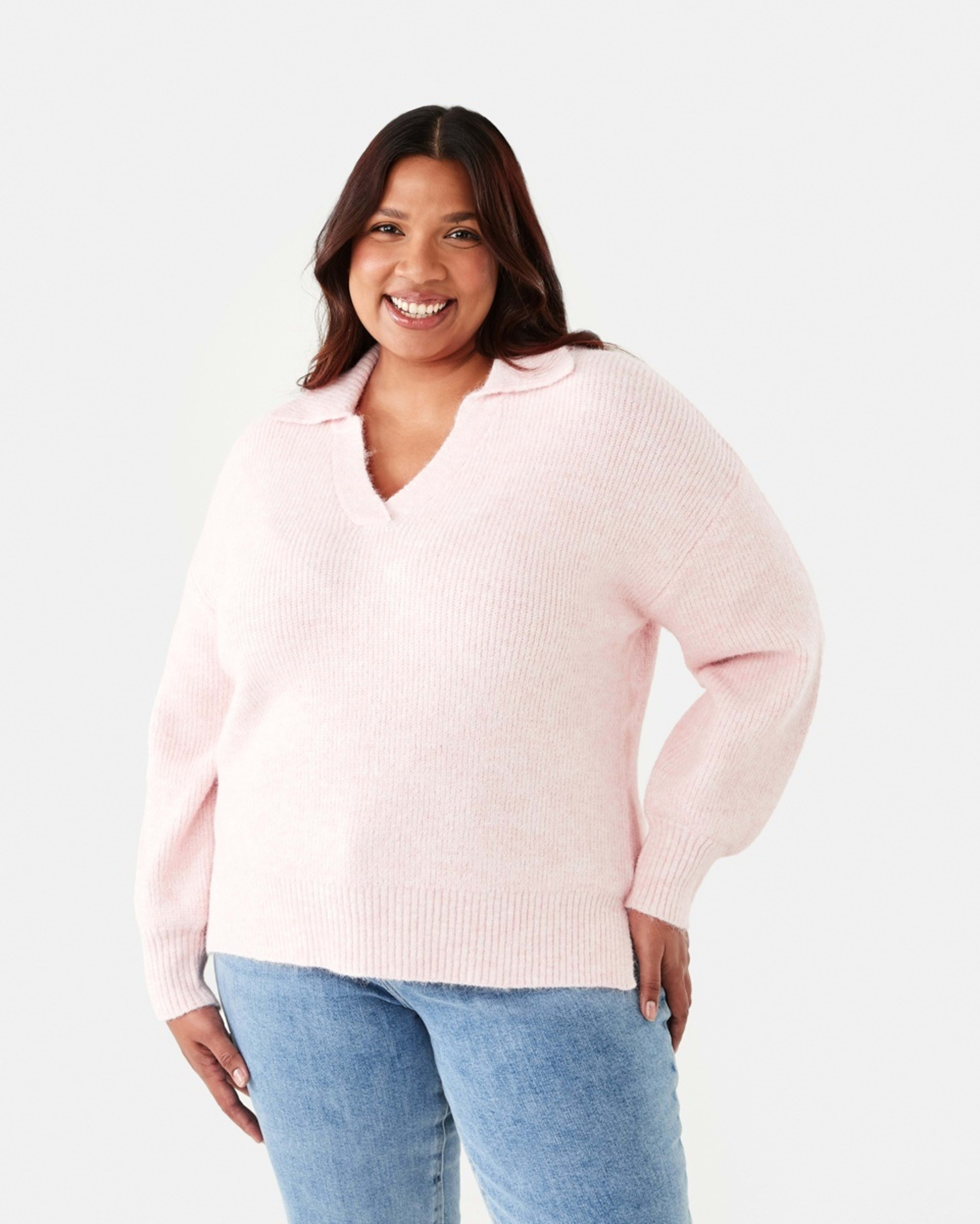 1 Curve Chunky Knit Polo Jumper Soft Pink