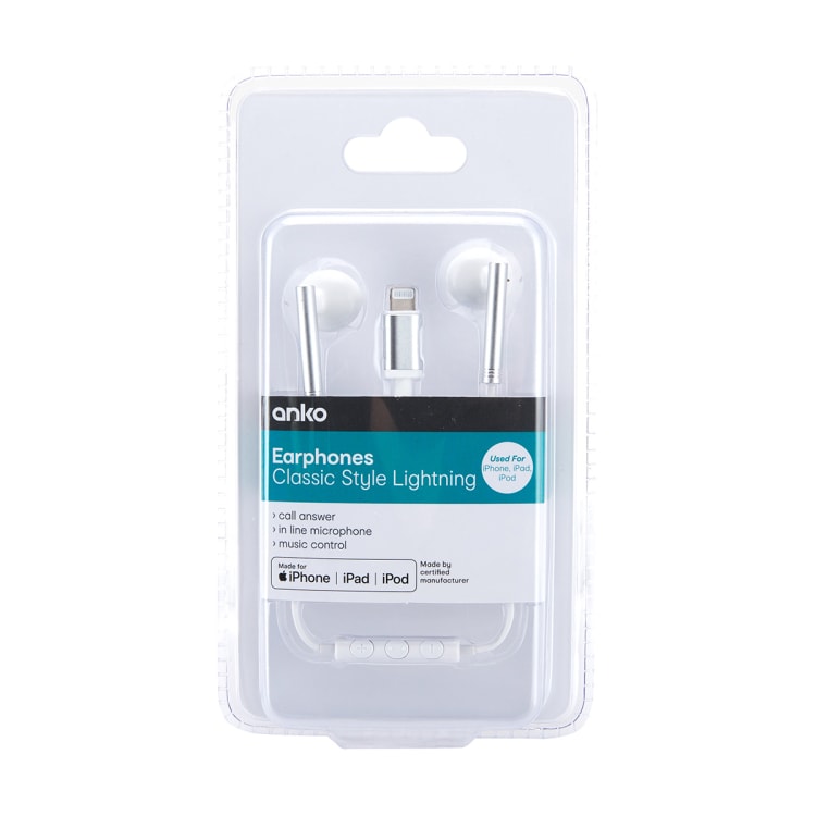 Classic Style Lightning Earphones White Kmart NZ