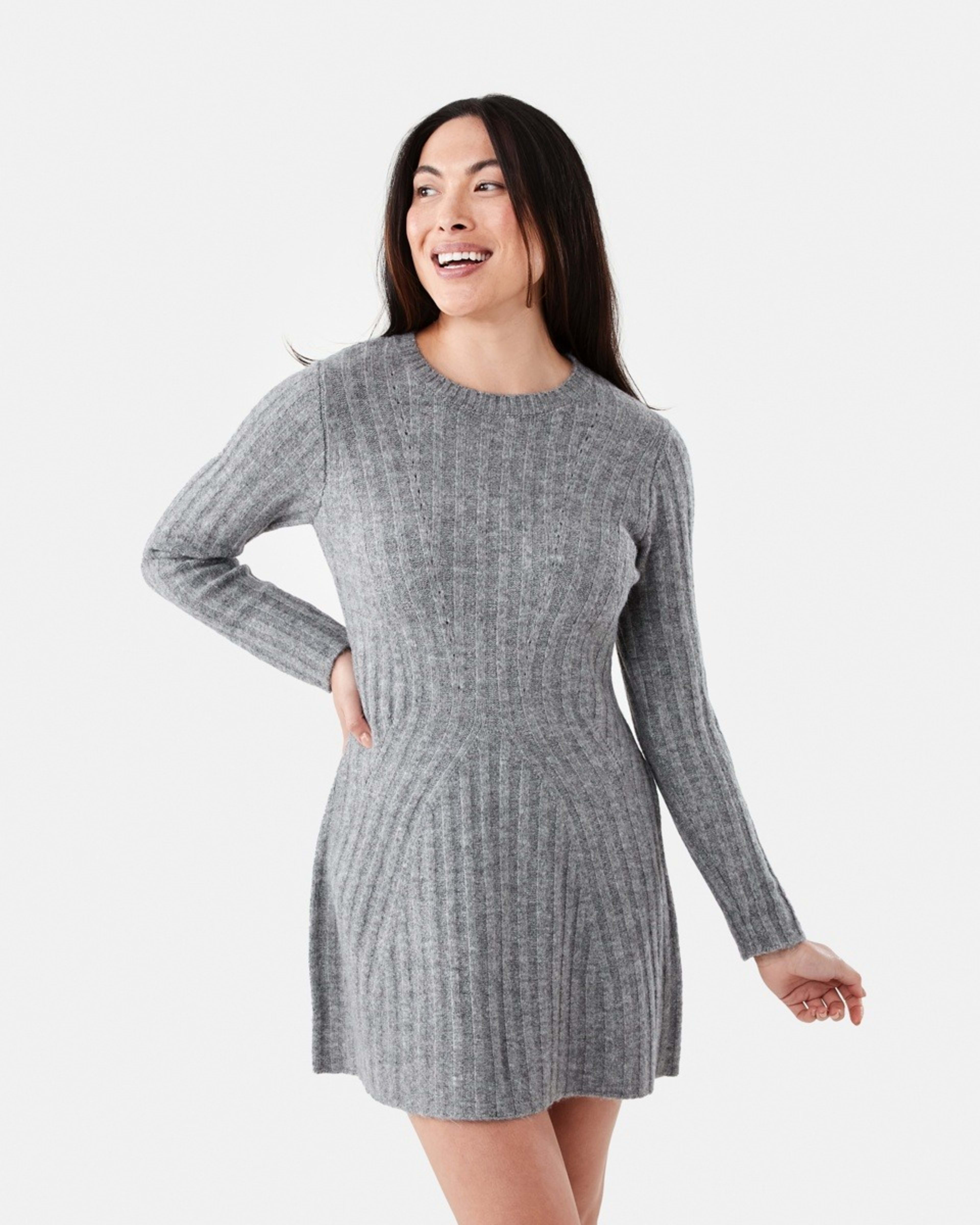 1 Long Sleeve Rib True Knit Skater Mini Dress Grey Marle