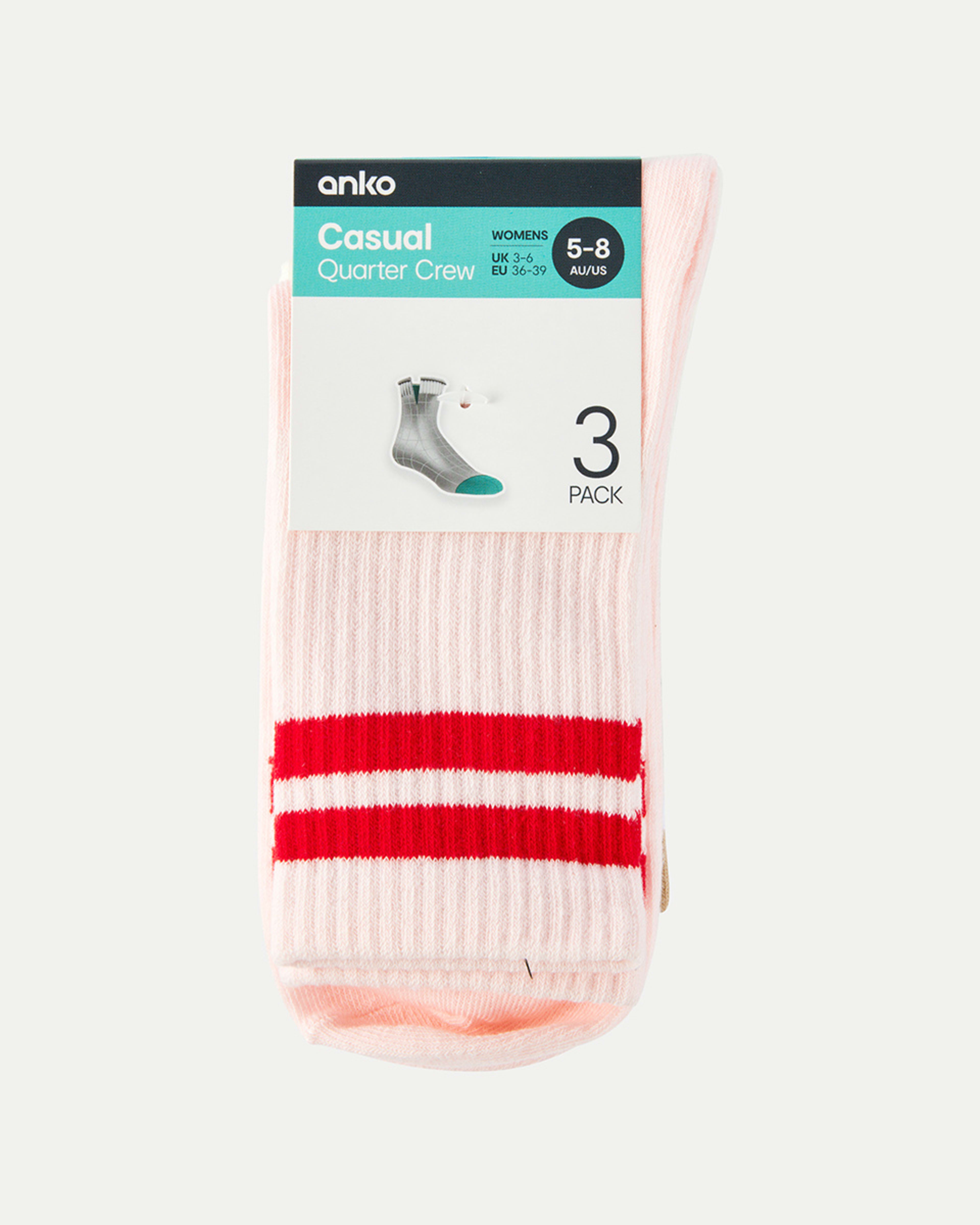 3 3 Pack Rib Quarter Crew Socks Strip Pink, 3 of 3