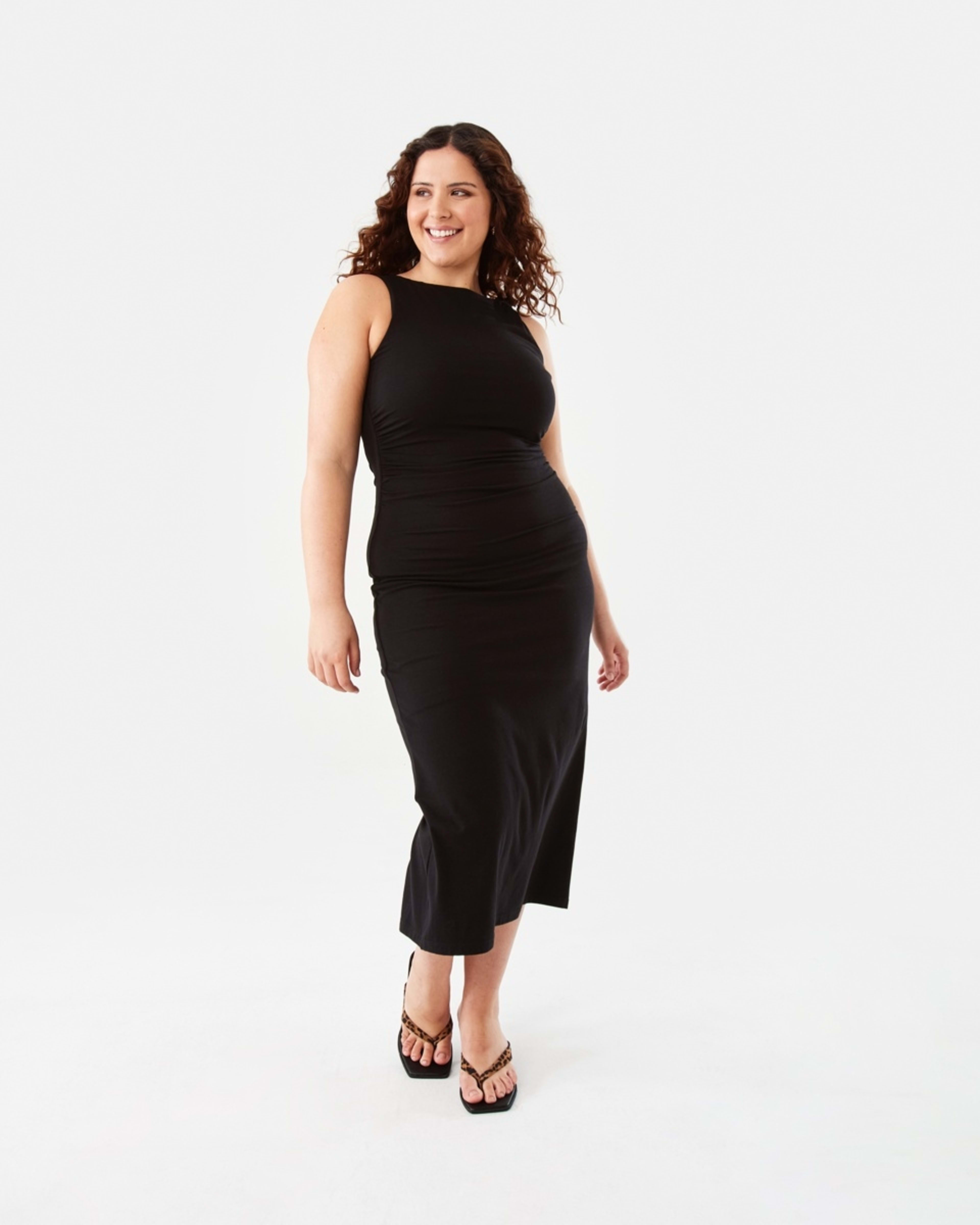 1 Sleeveless Ruched Jersey Midi Dress Black