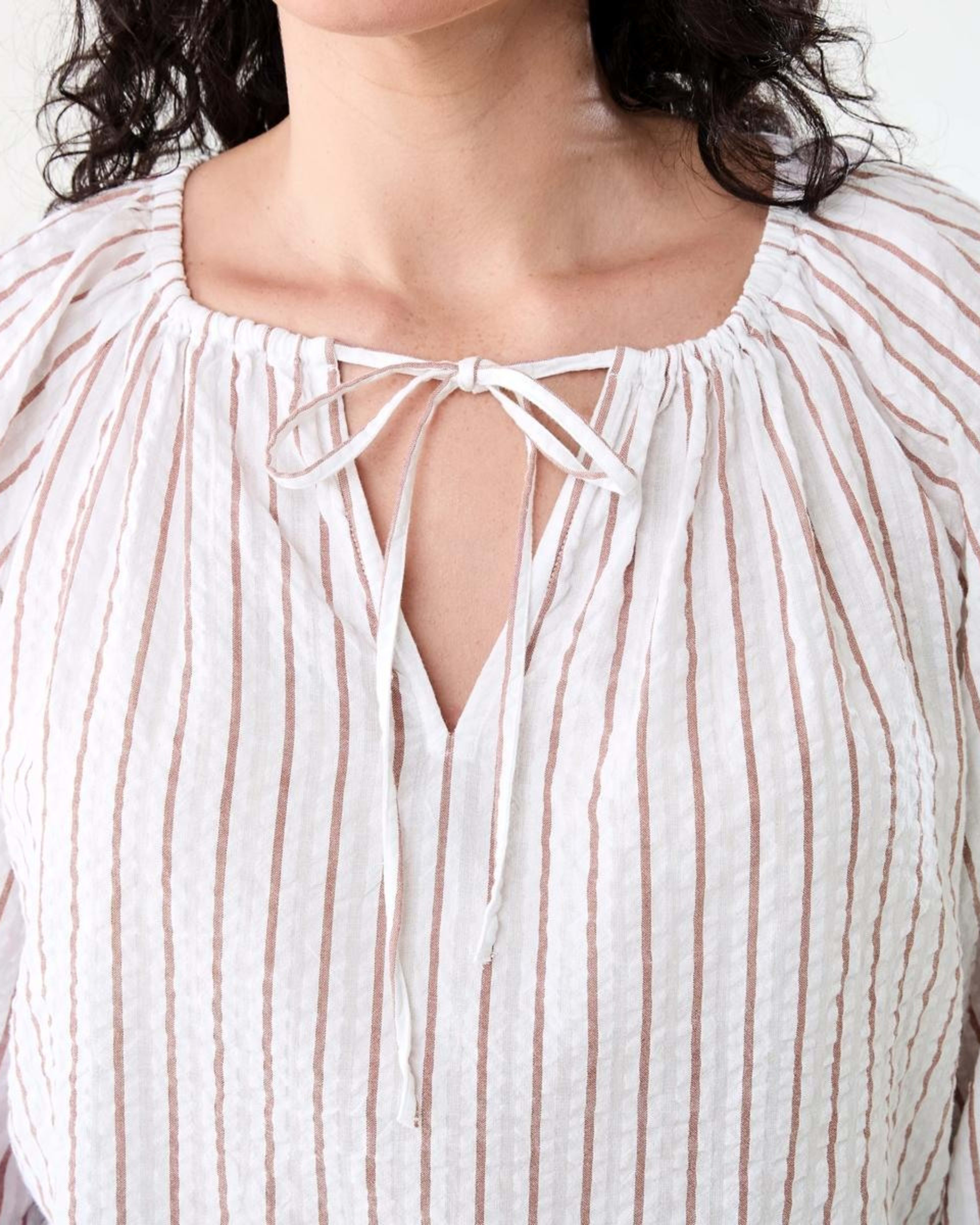 5 Long Sleeve Seersucker Tie Top RUSSET STRIPE, 5 of 6
