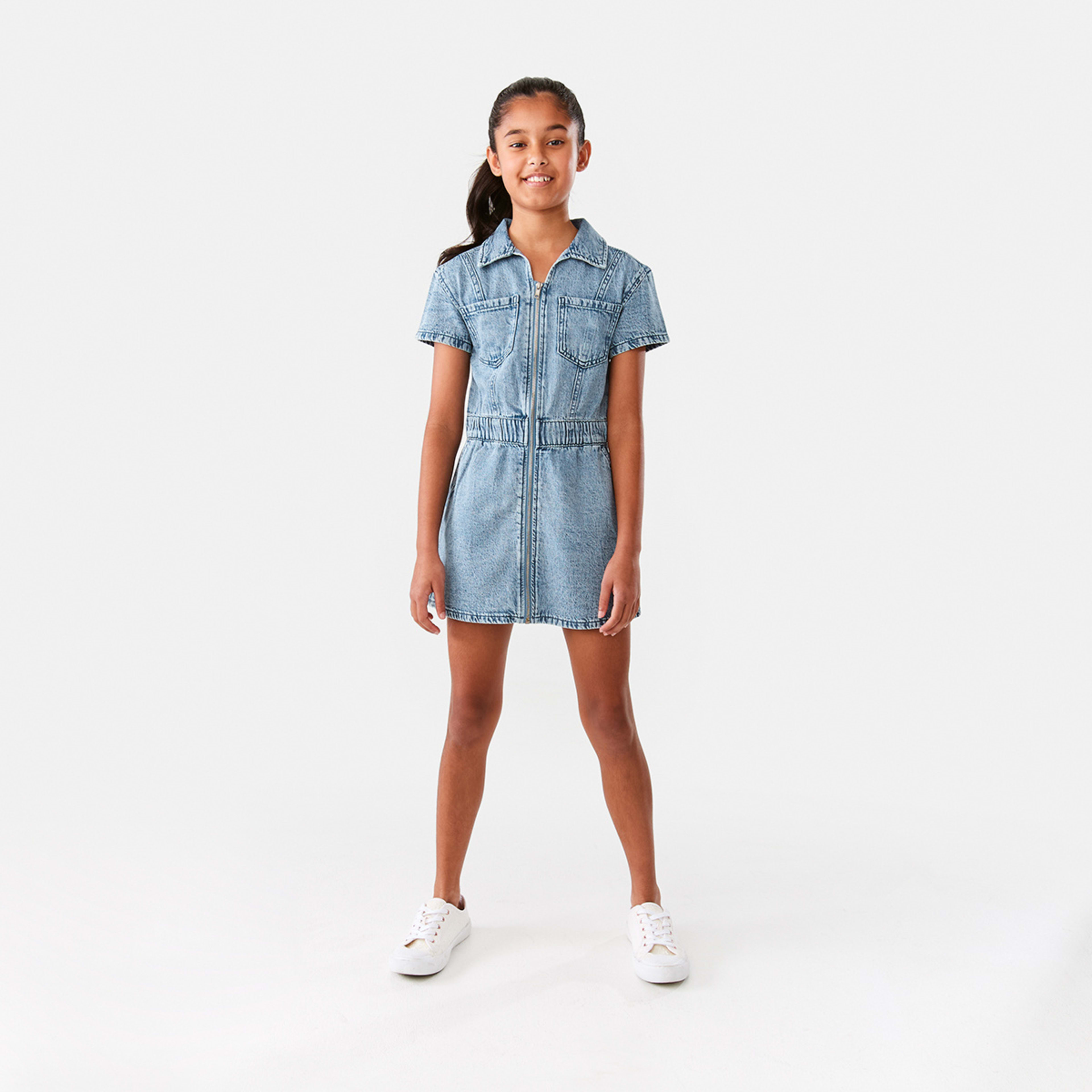 7 Denim Zip Through Dress Mid Denim Wash, 7 of 10