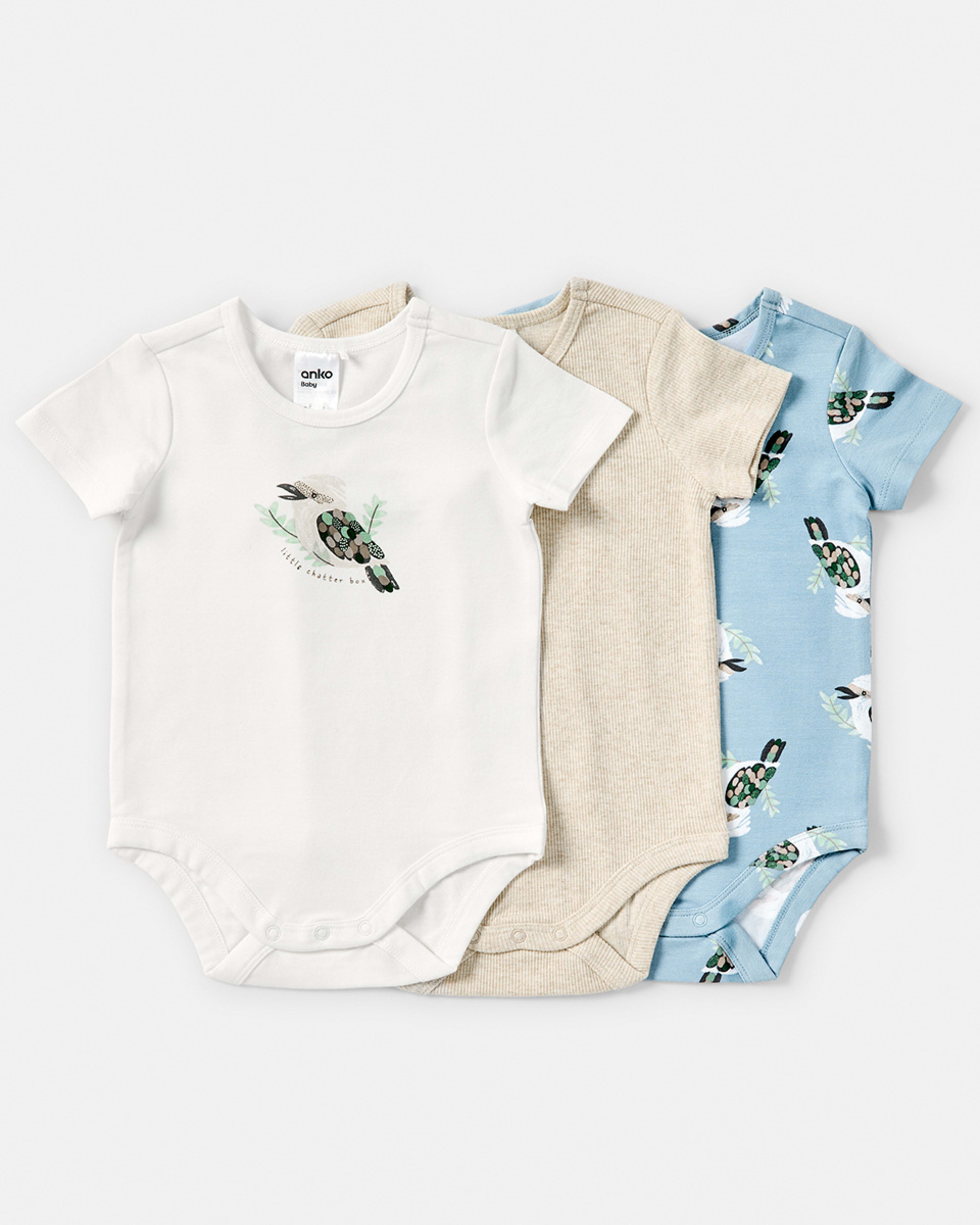 1 3 Pack Short Sleeve Bodysuits Kookaburra, 1 of 8