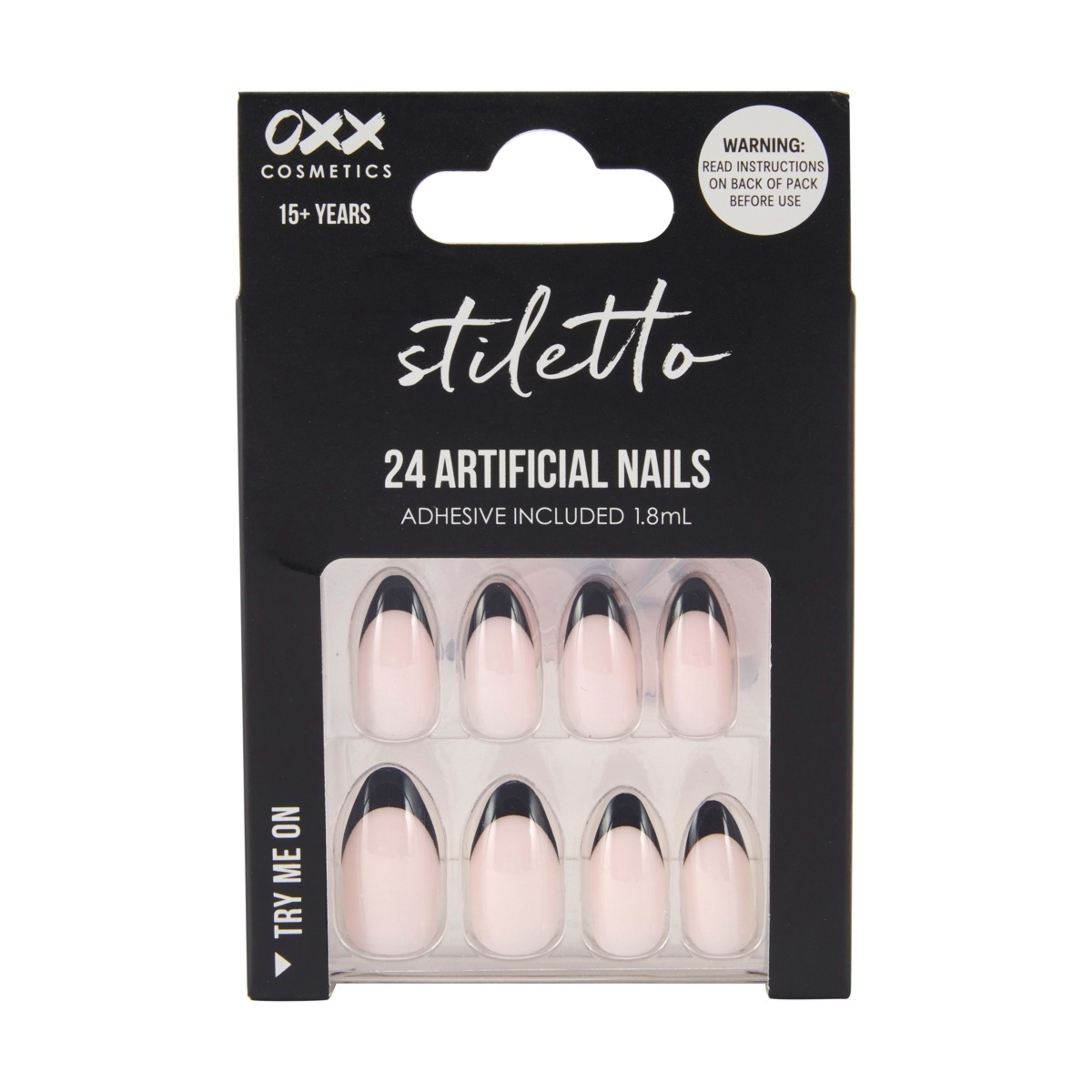 1 OXX Cosmetics 24 Pack Artificial Nails with Adhesive - Stiletto Shape, Black French Tip