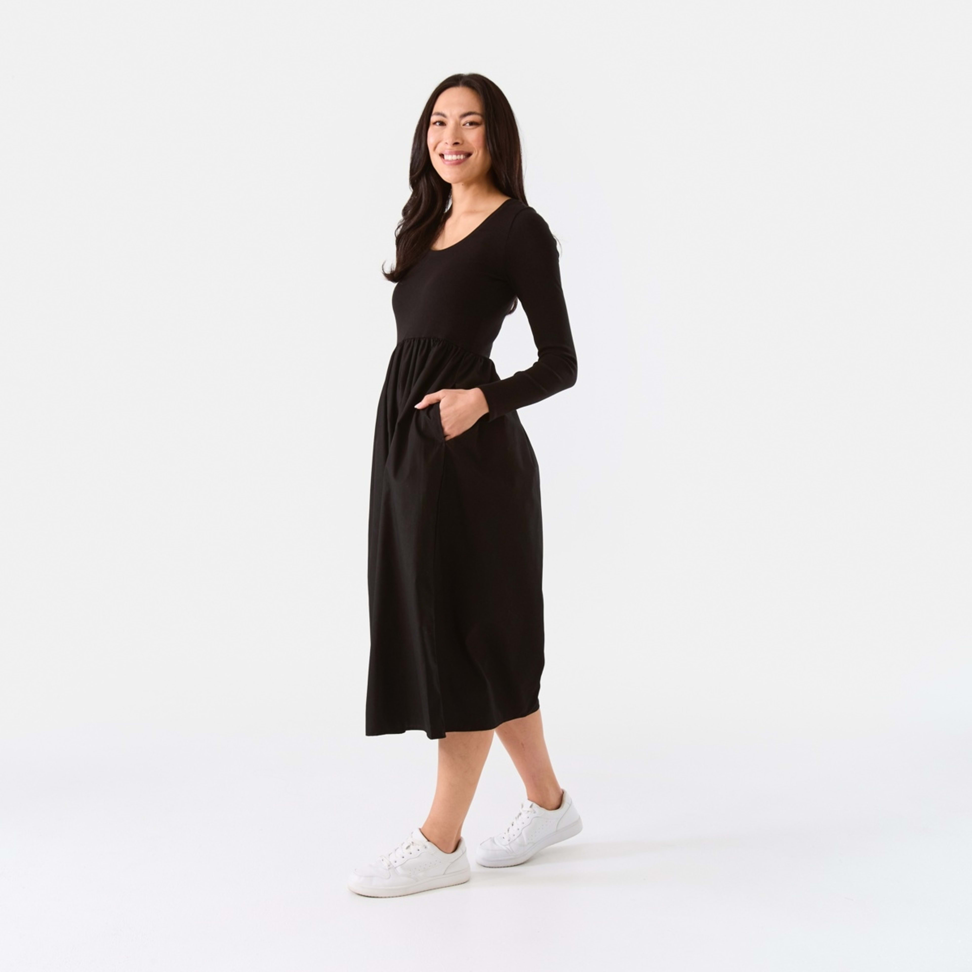 2 Long Sleeve Knit Woven Midi Dress Black, 2 of 7