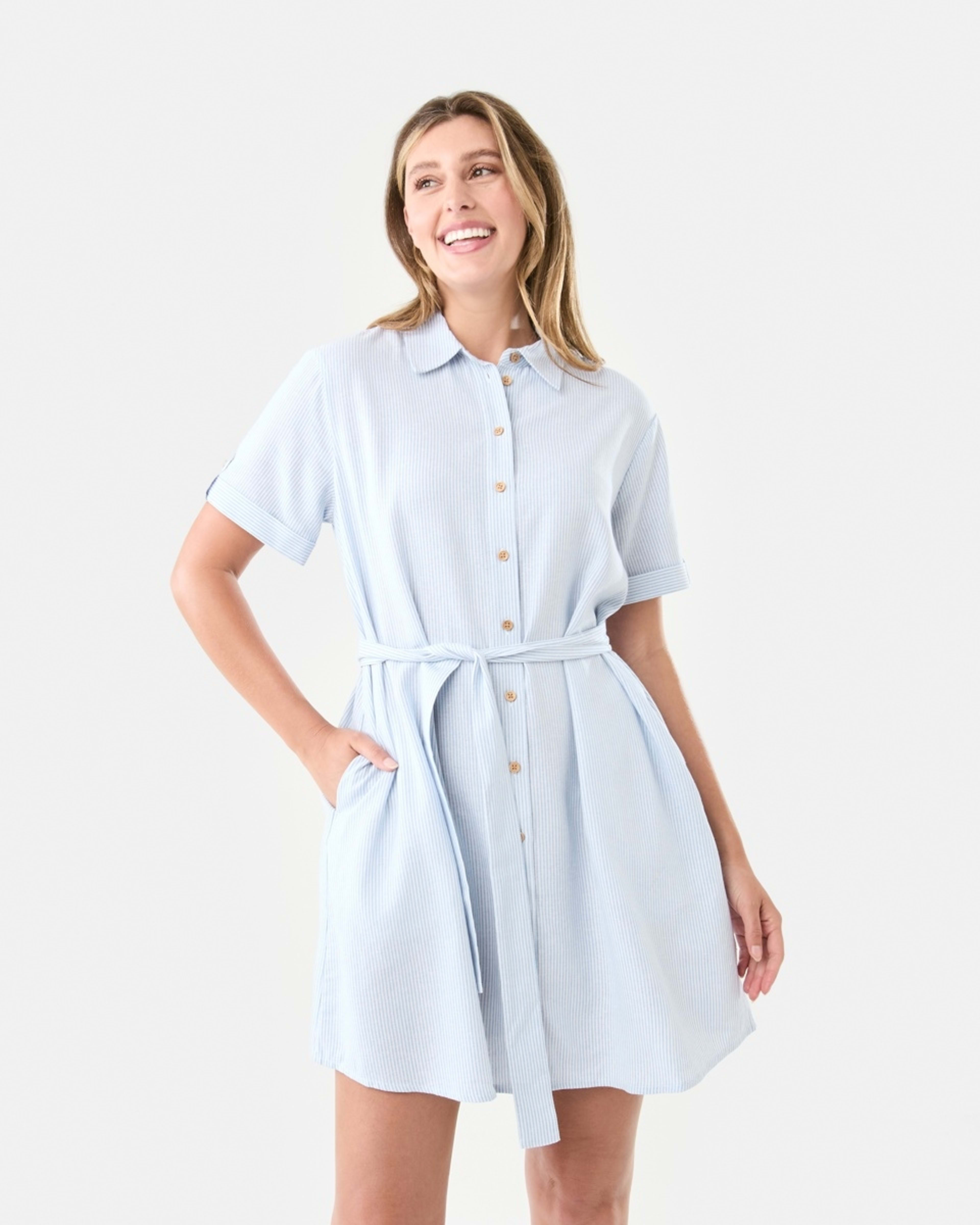 1 Short Sleeve Button Front Shirt Mini Dress Lia Stripe