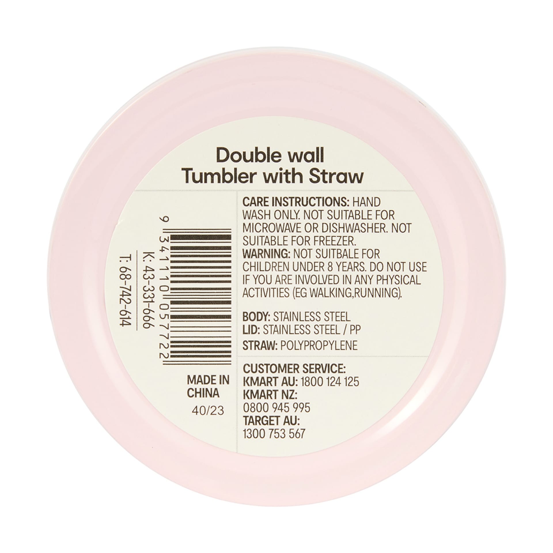 700ml Pink Double Wall Tumbler with Straw Kmart