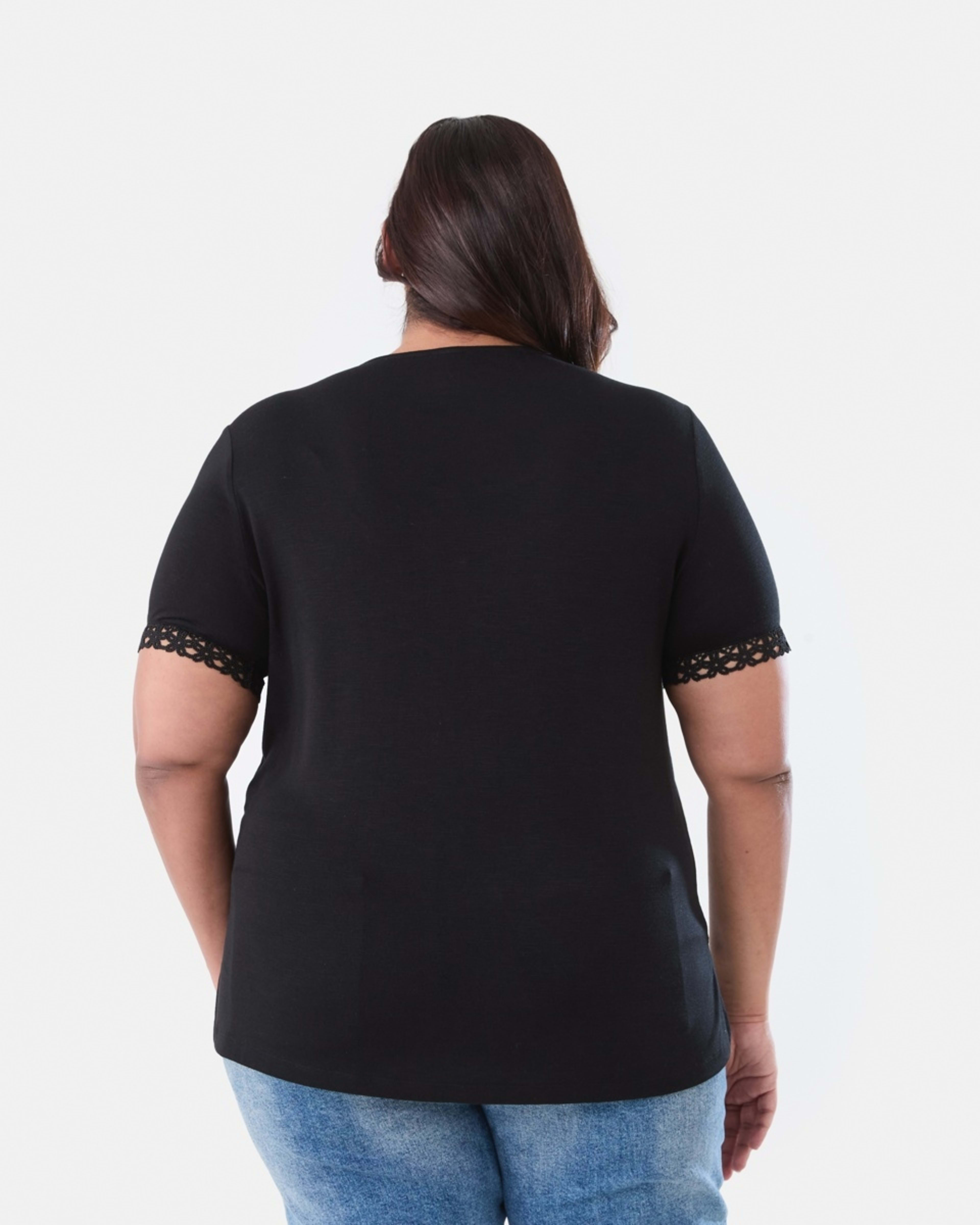 3 Curve Short Sleeve Boho Trim Top BLACK, 3 of 6