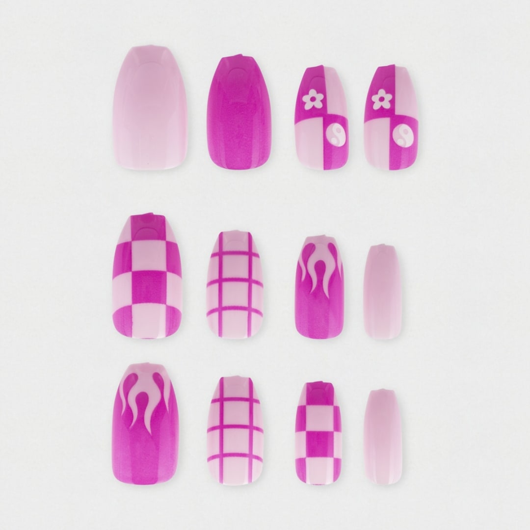 OXX Cosmetics 24 Pack False Nails with Adhesive Coffin Shape, Pink