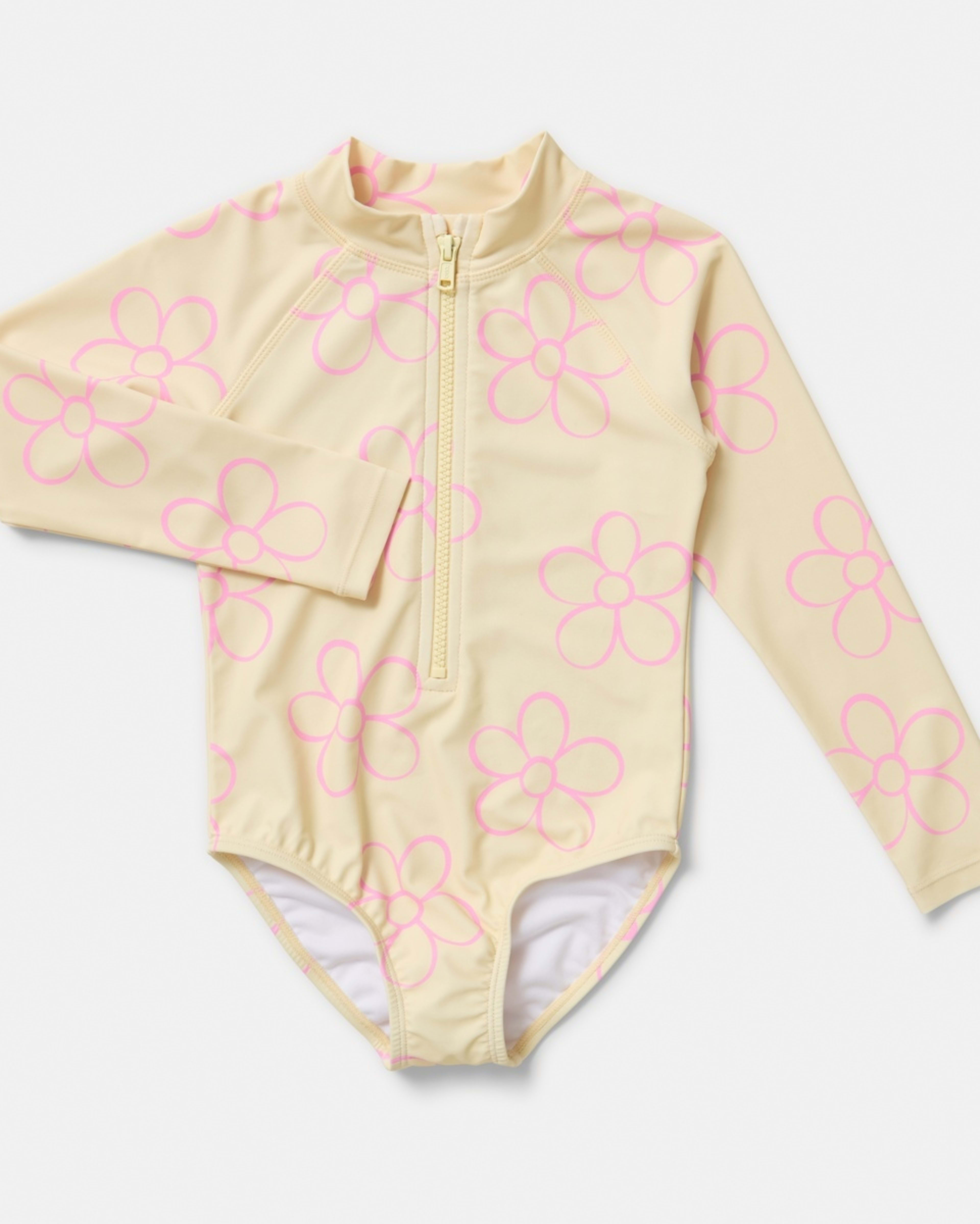 5 Long Sleeve One Piece Swimsuit OUTLINED DAISY BUTTER CREAM, 5 of 7