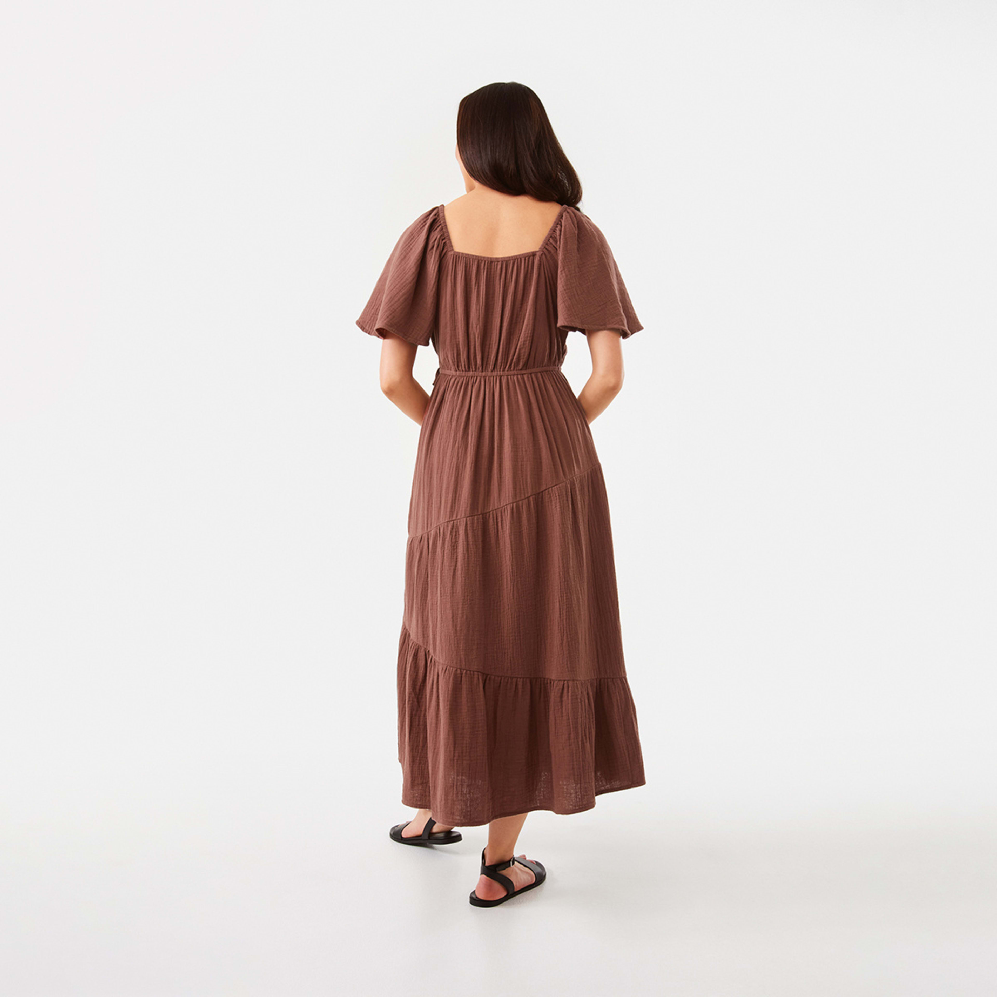 3 Short Sleeve Wrap Tiered Midi Dress Cacao Bean, 3 of 6