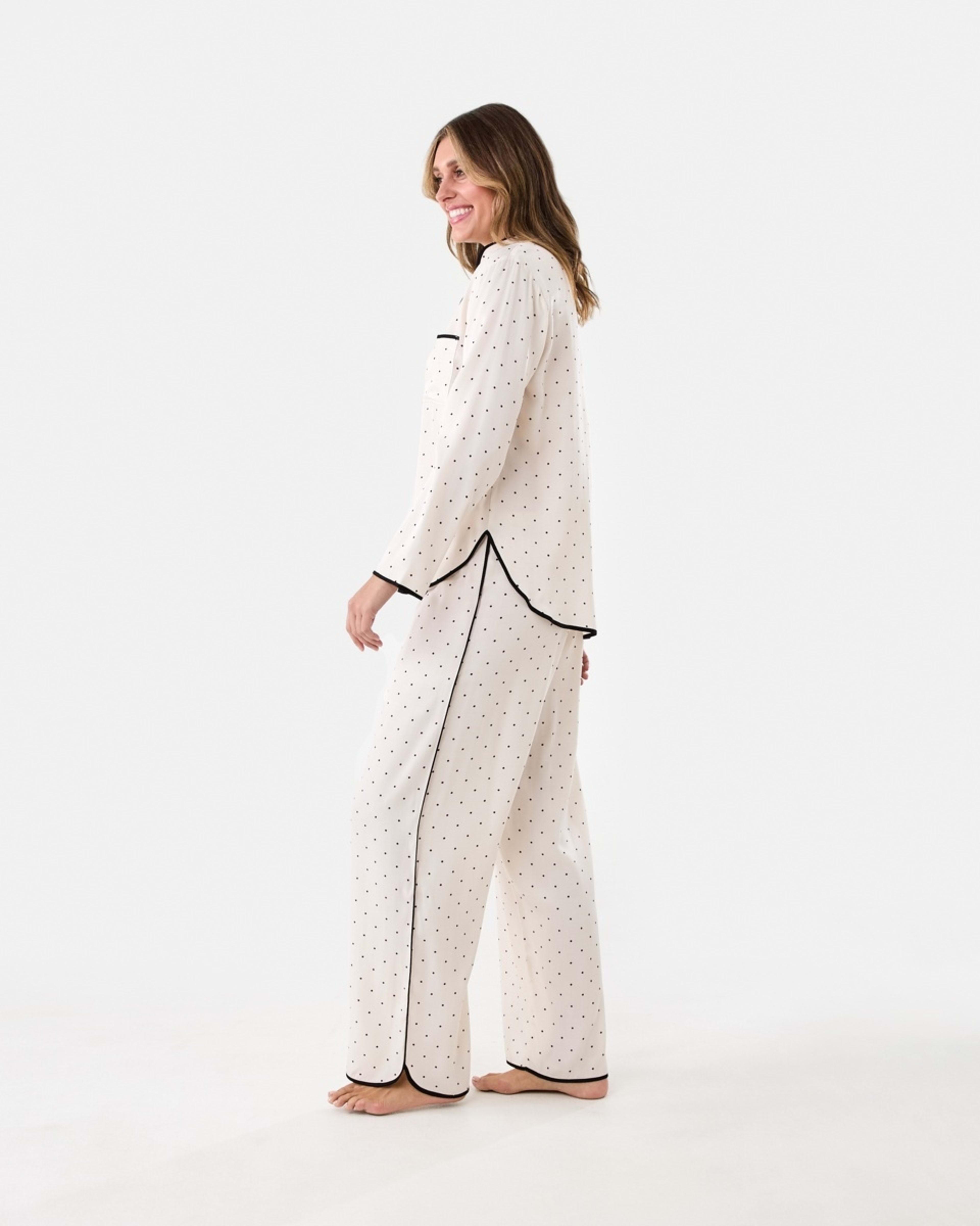 2 Matte Satin Long Sleeve Top and Pants Pyjama Set Pin Spot, 2 of 7