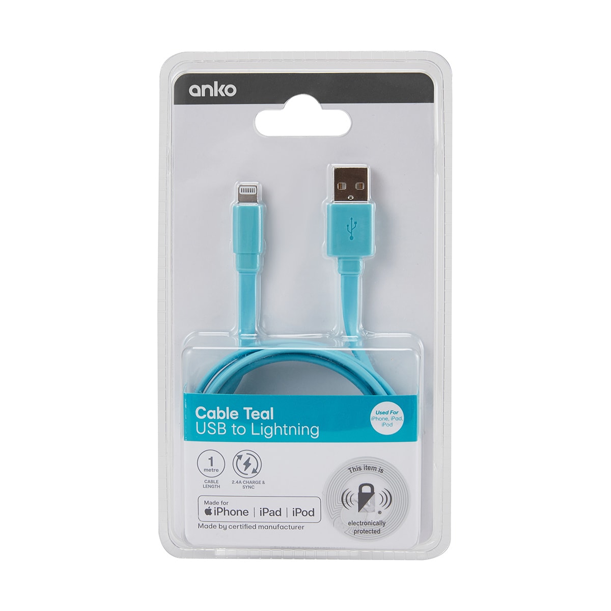 Lightning Cable 1m Noodle Aqua Kmart NZ