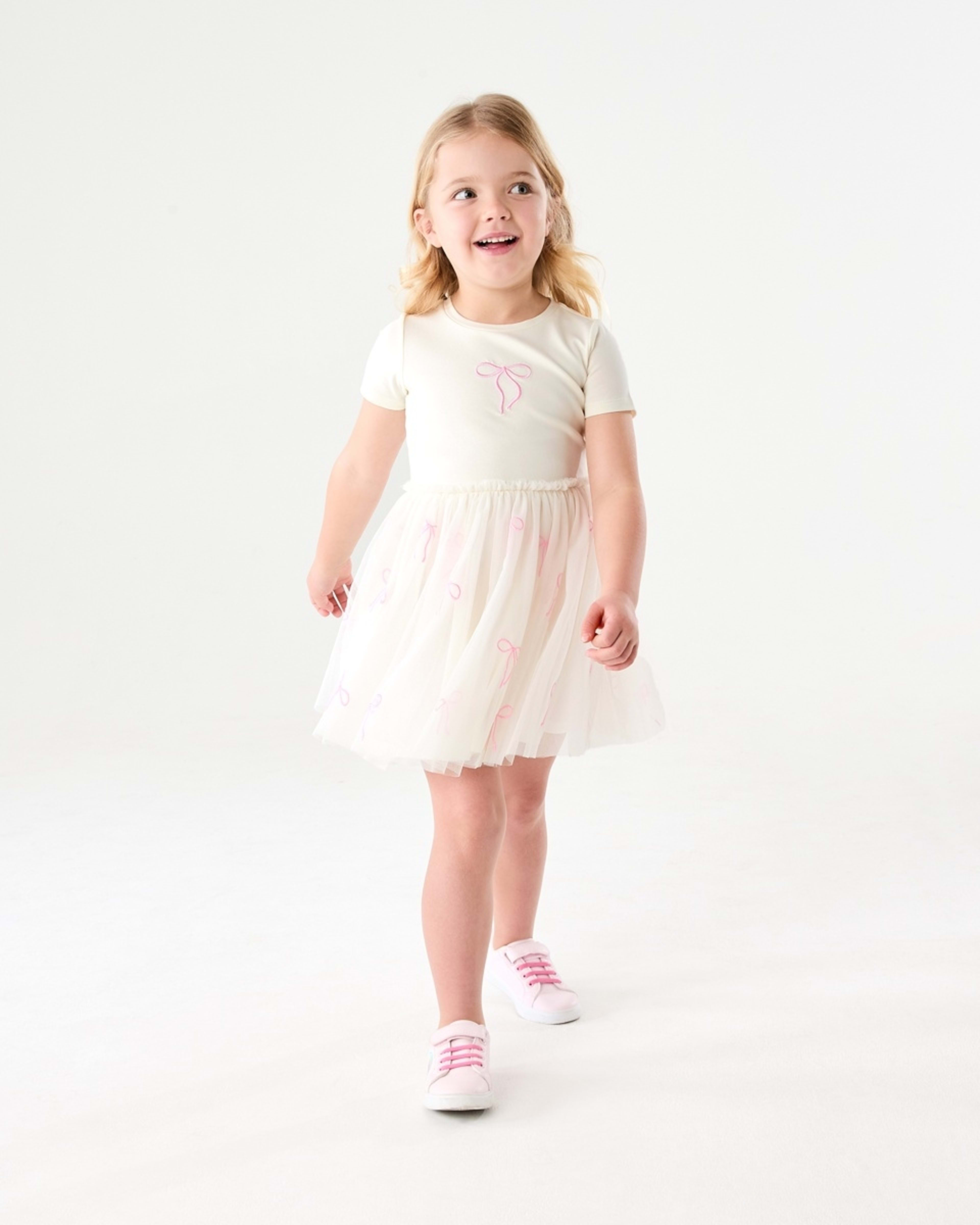 7 Short Sleeve Tutu Dress RIBBON BOW EMB BUTTER BIEGE, 7 of 8