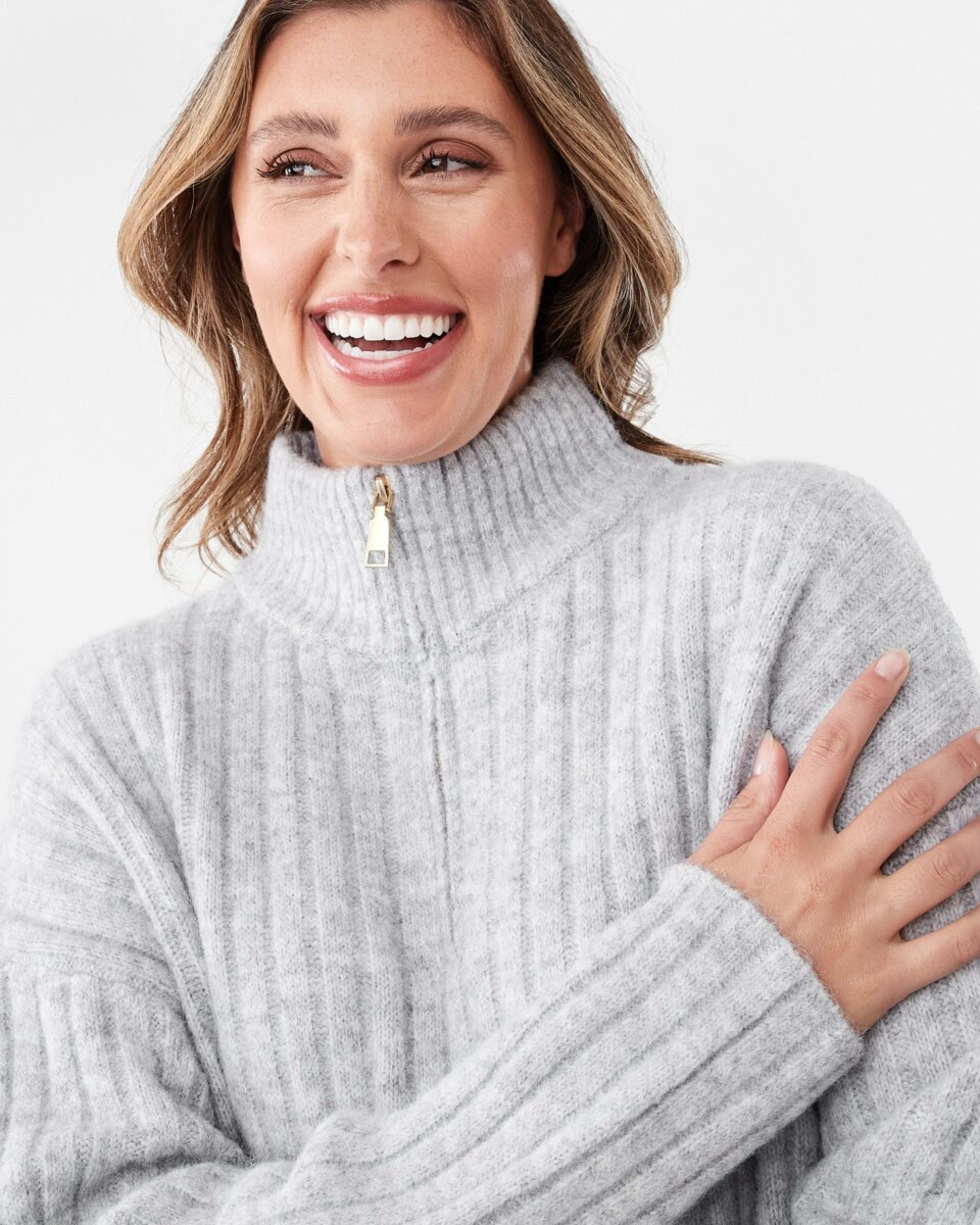 4 Long Sleeve Half Zip True Knit Mini Dress Grey Marle, 4 of 7