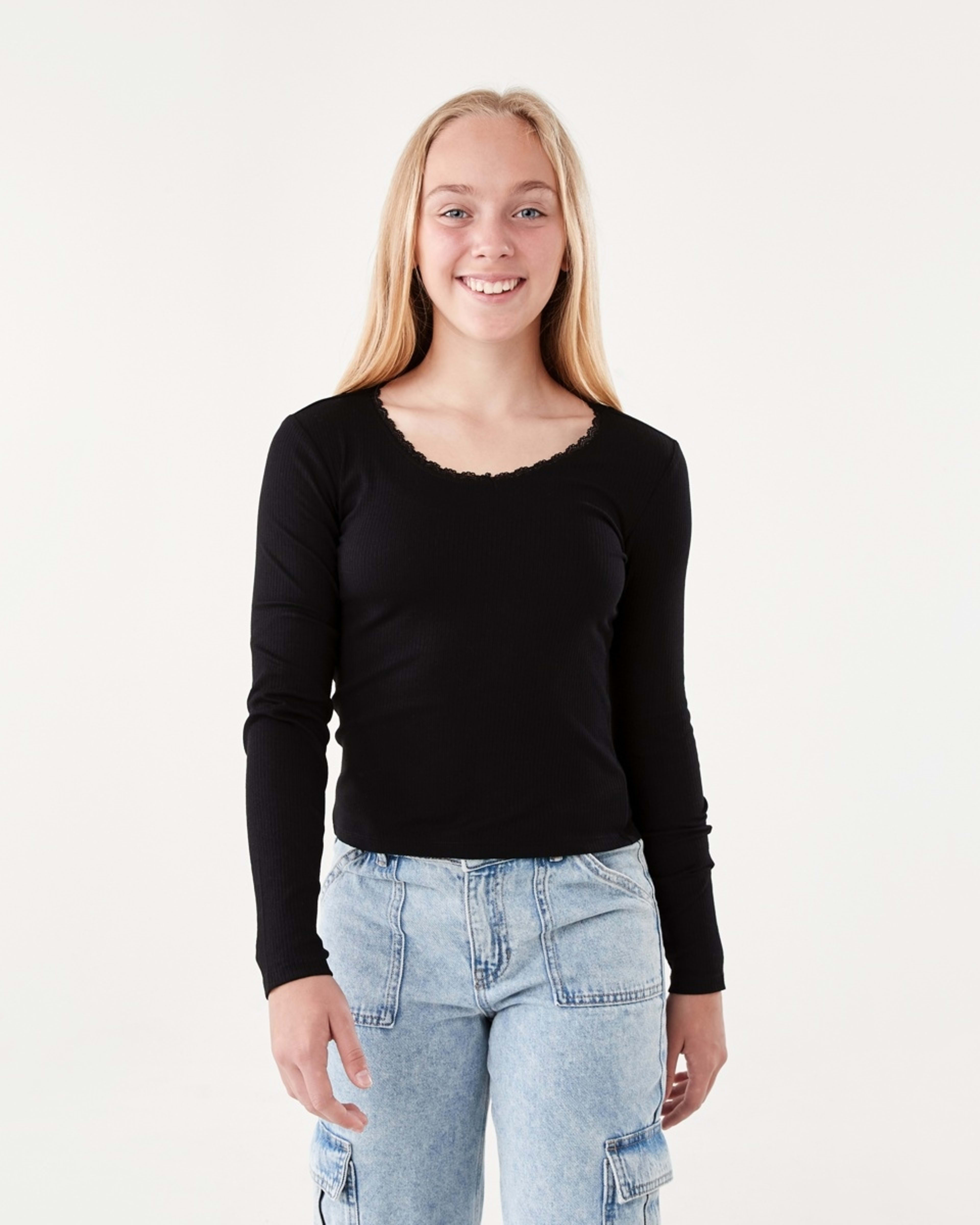 1 Long Sleeve Rib Top with Lace Black