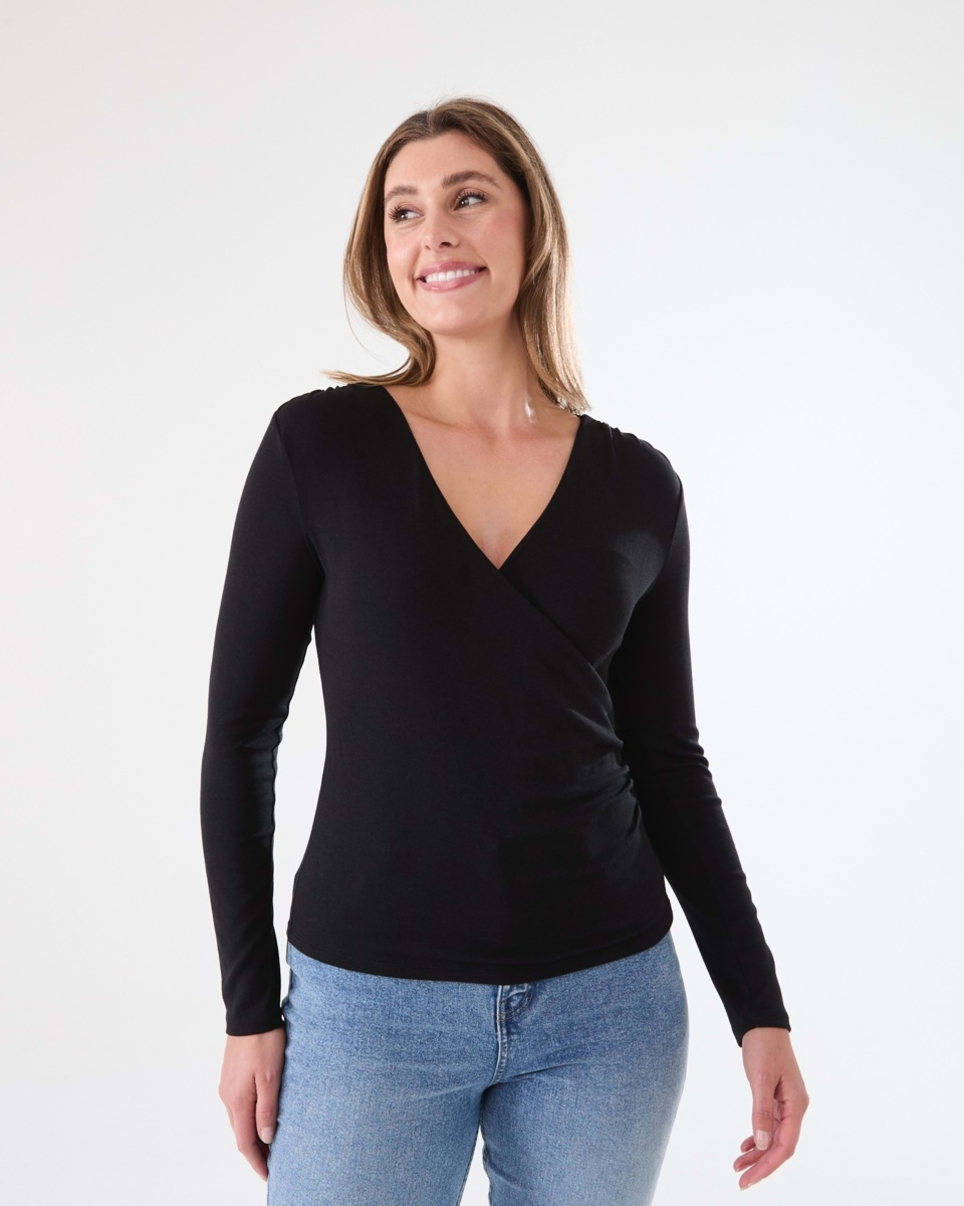 1 Long Sleeve Ruched Wrap Top Black