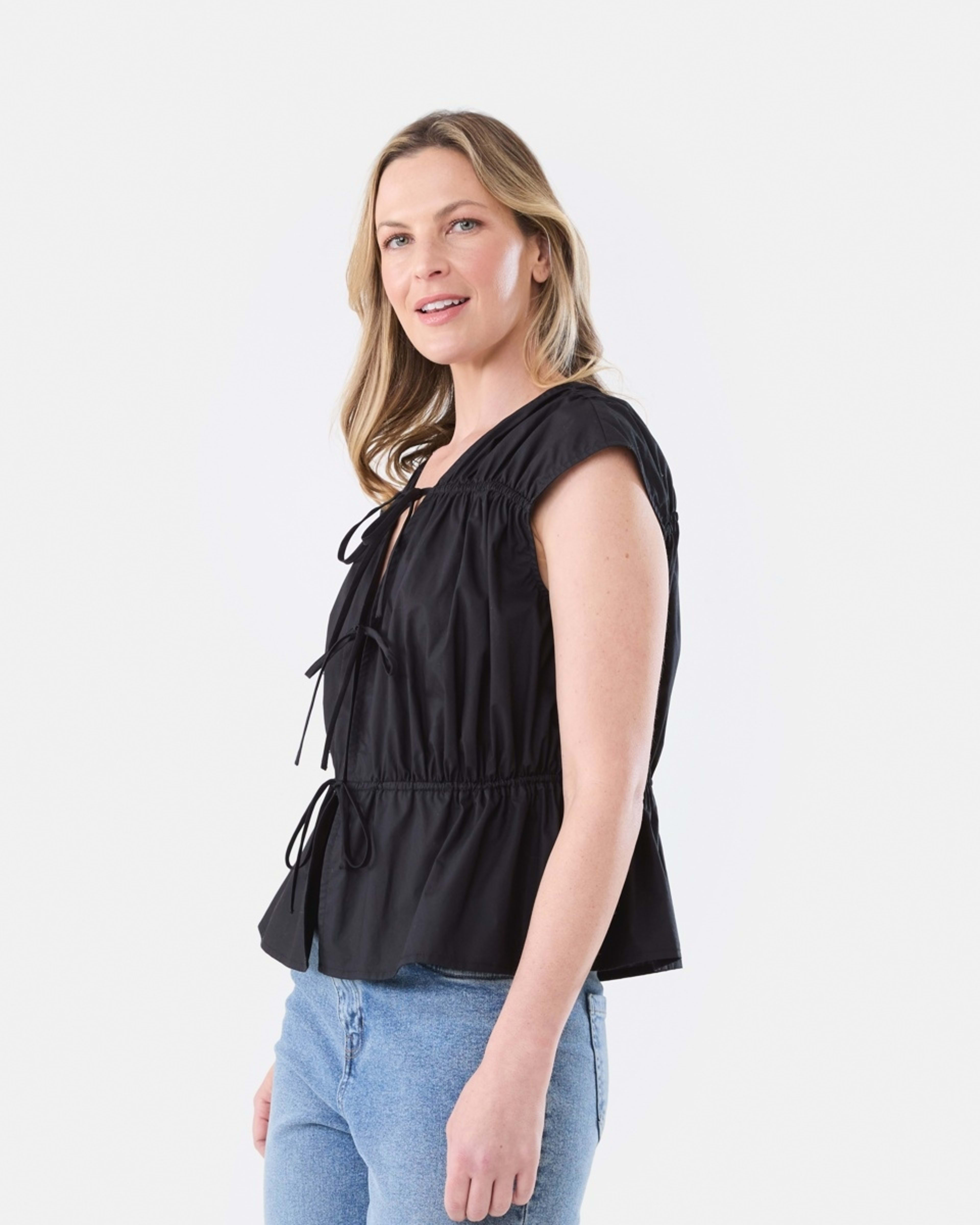 2 Sleeveless Poplin Gathered Tie Top BLACK, 2 of 5