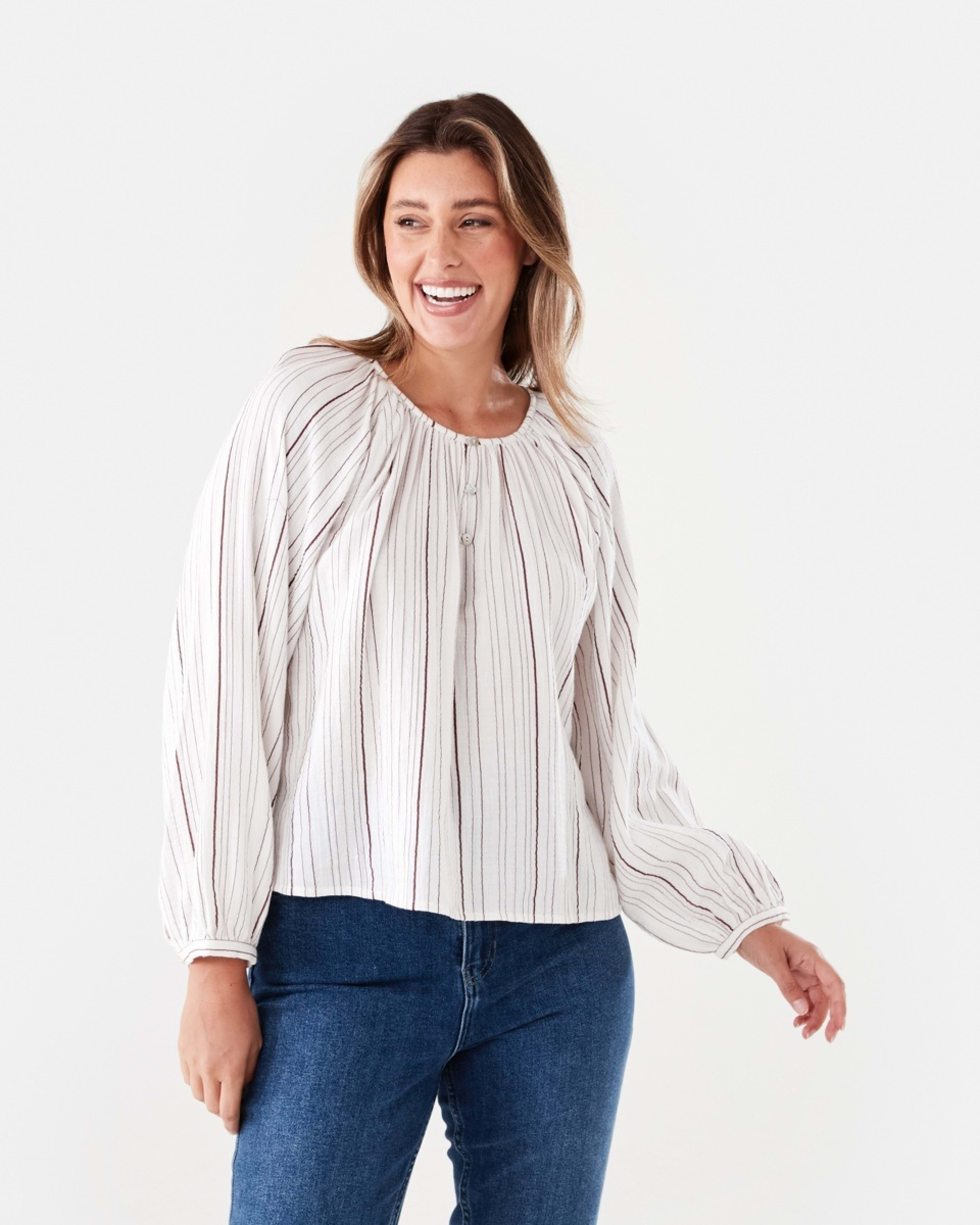 1 Long Sleeve Double Cloth Top VARIGATED STRIPE WHITE, 1 of 6