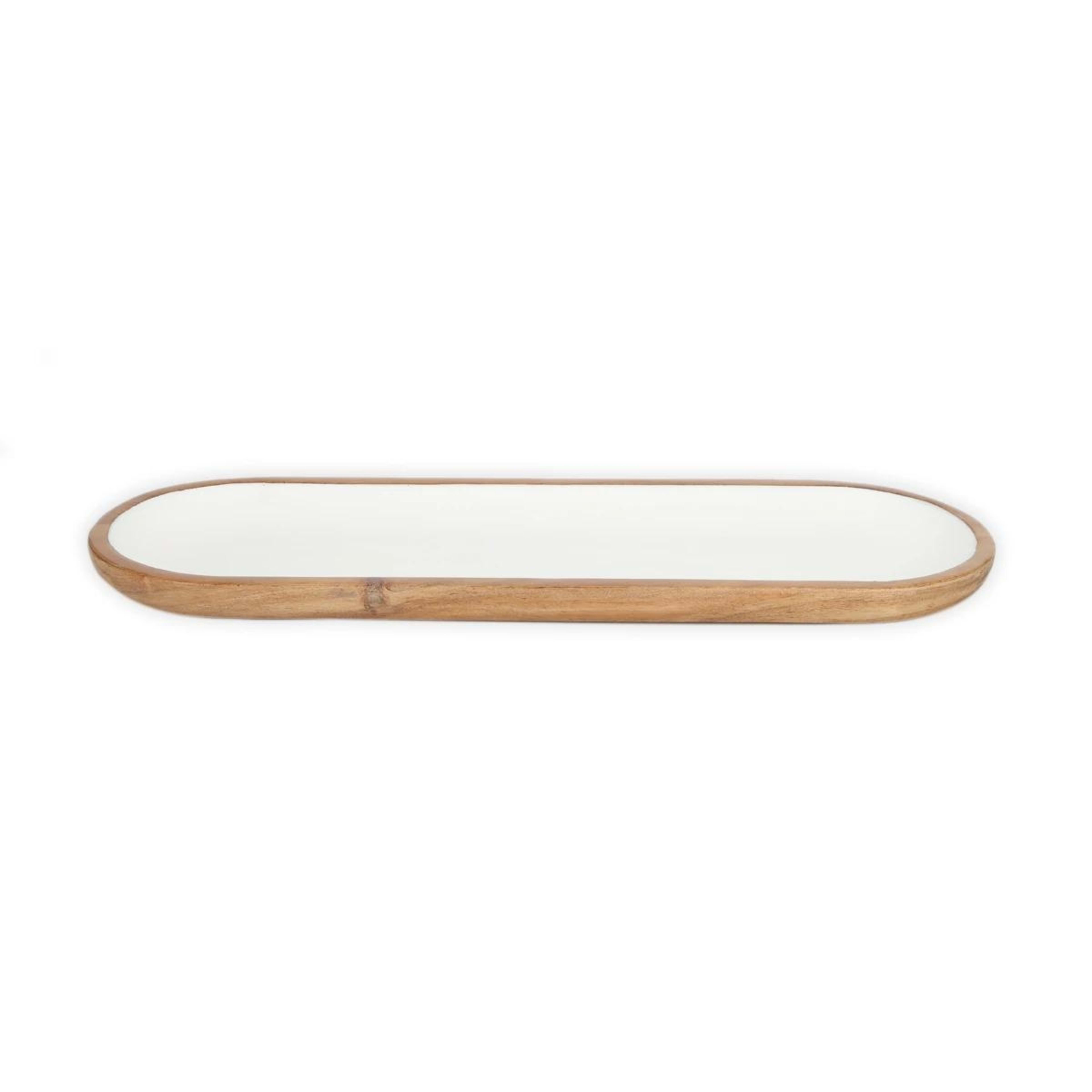 2 White Enamel and Acacia Wood Oval Platter, 2 of 6