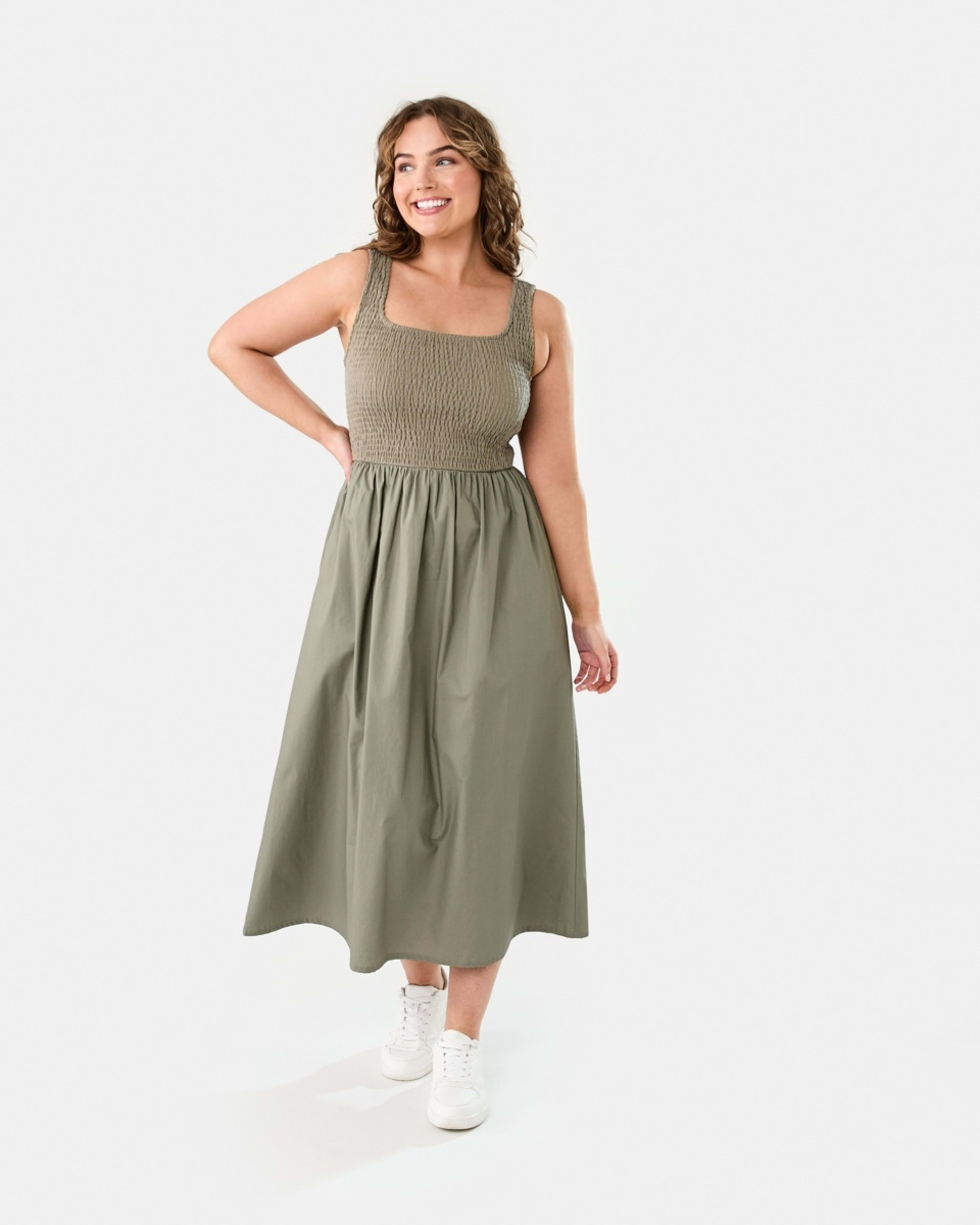 1 Sleeveless Shirred Knit Woven Midi Dress PAVEMENT GREY, 1 of 8