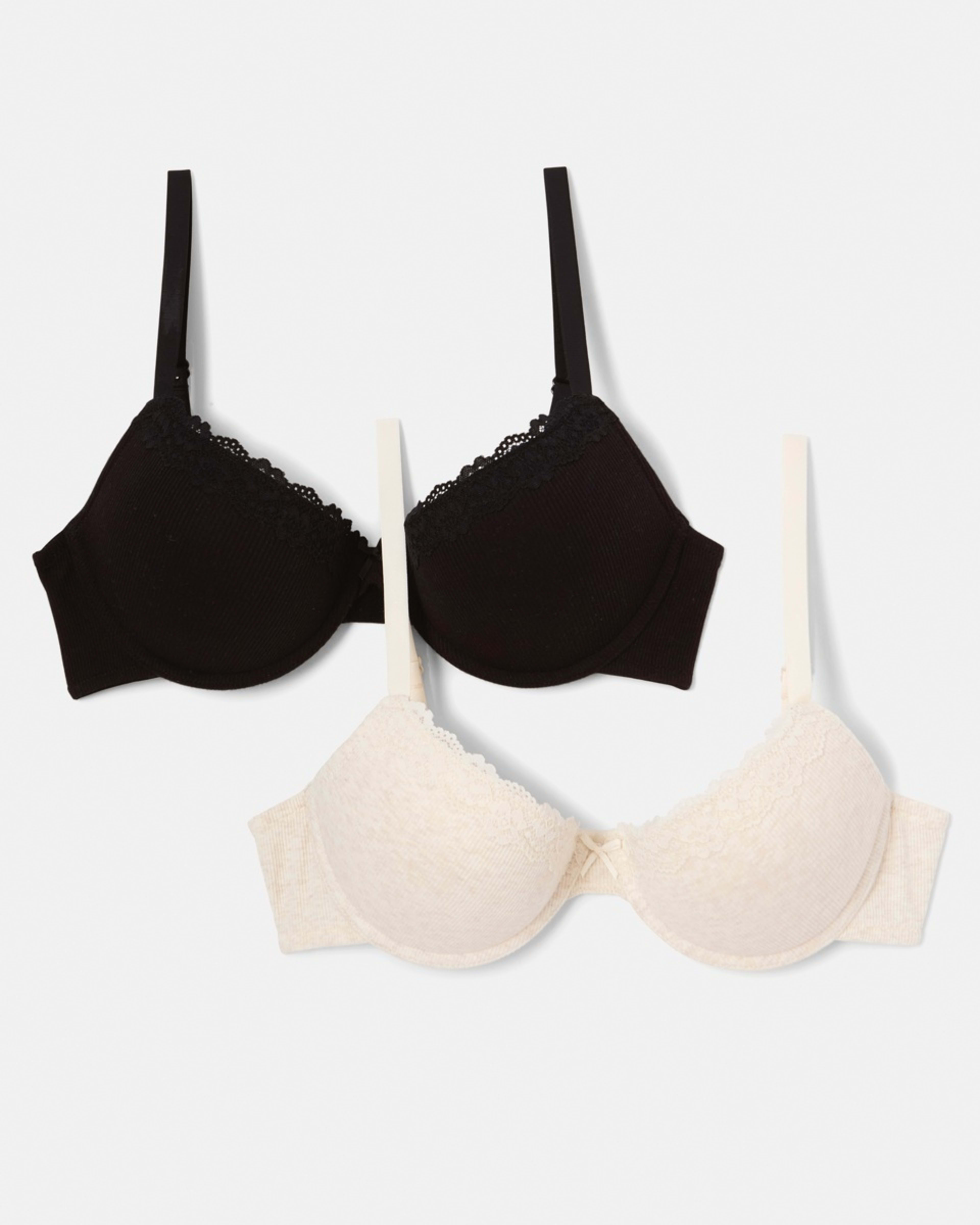1 2 Pack Push-up Rib Lace Bra SOFT OAT MARLE, BLACK, 1 of 9