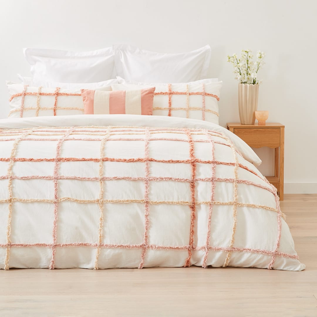 Harlow Cotton Quilt Cover Set - Queen Bed, Pink and White - Kmart