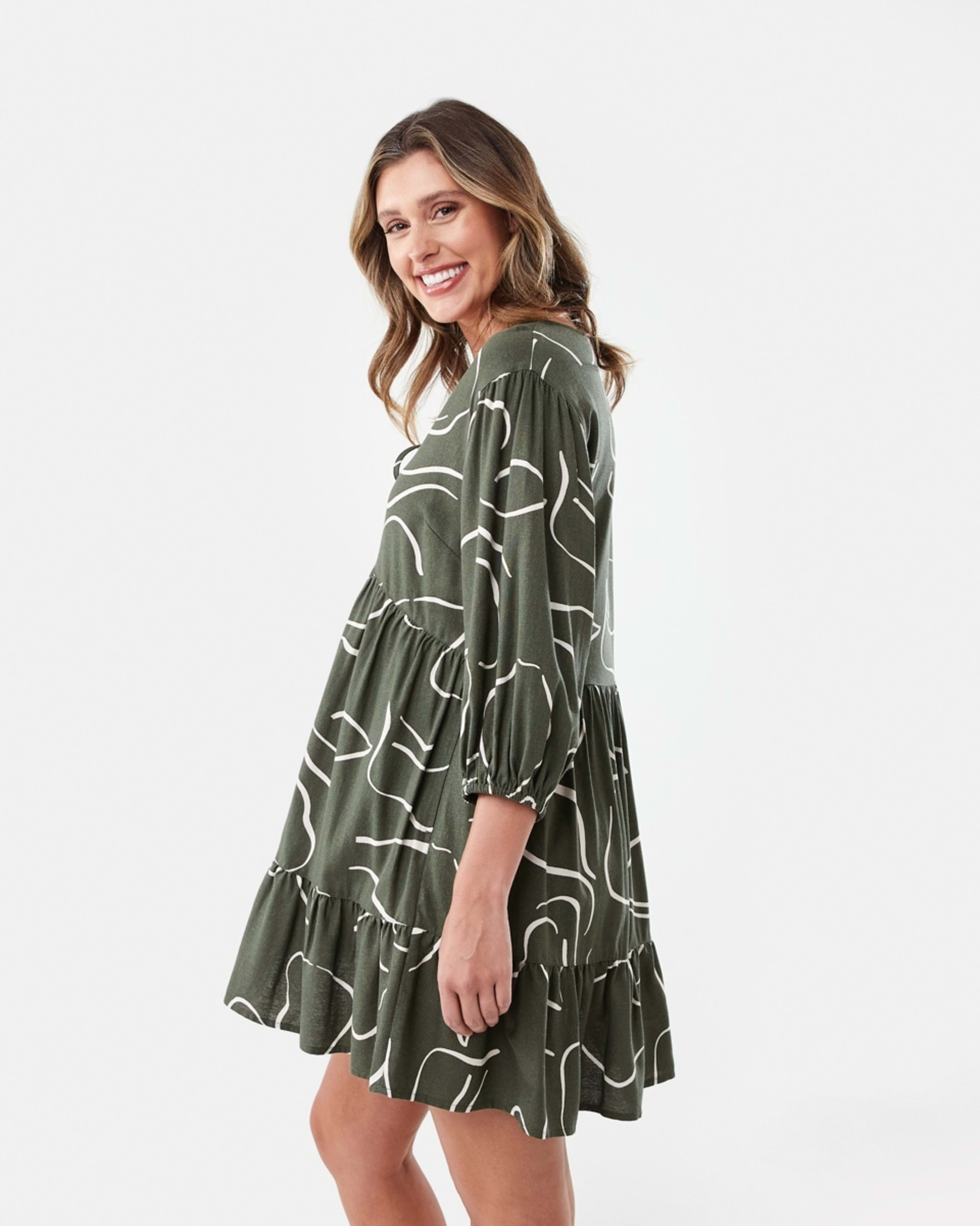2 3/4 Balloon Sleeve Tie Front Mini Dress Abst Line, 2 of 7
