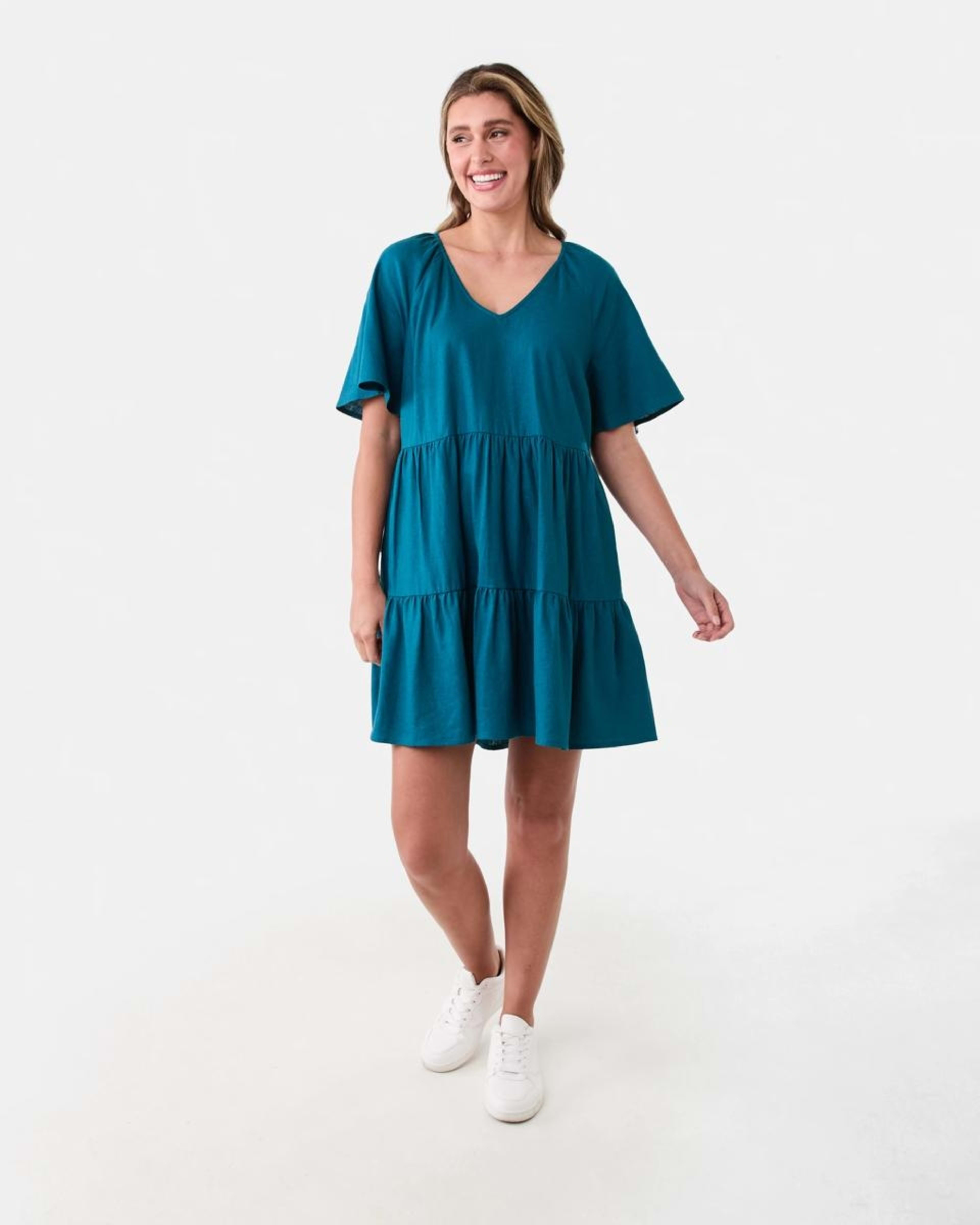 9 Short Sleeve Linen Blend Tiered Mini Dress Teal Coral, 9 of 9