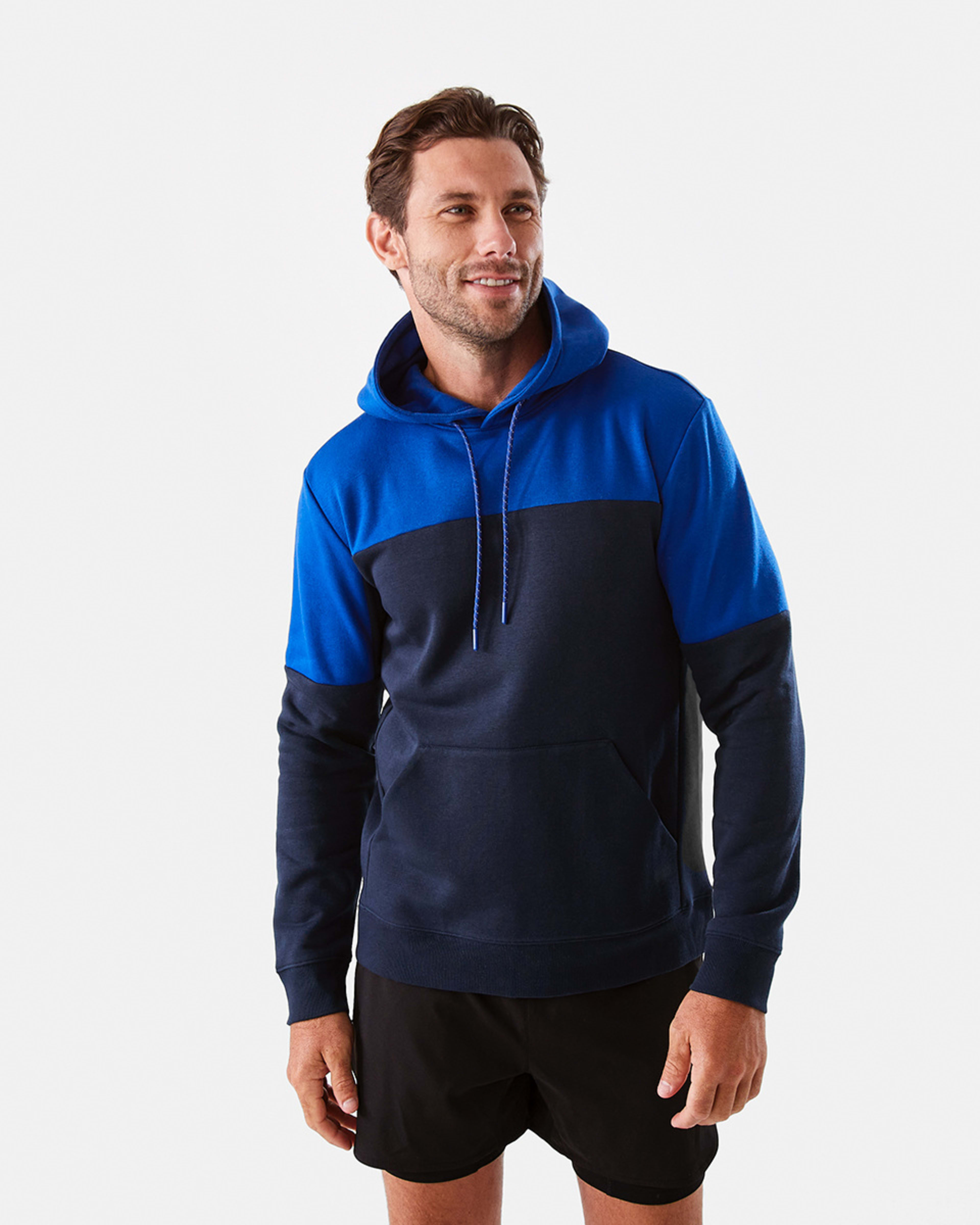 1 Active Mens Colour Block Fleece Hoodie Blue Navy