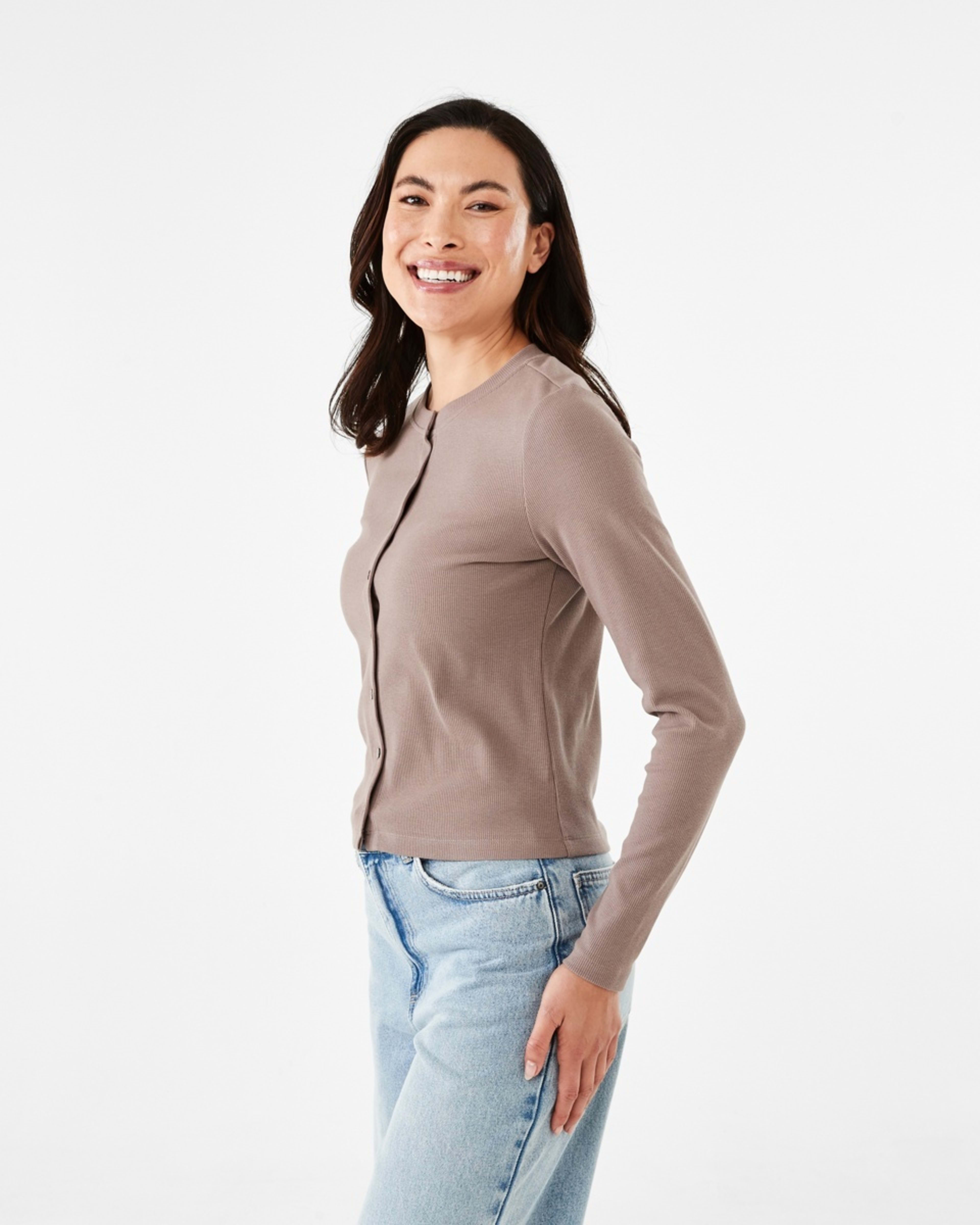 2 Long Sleeve Rib Button Front Top Taupe Brn, 2 of 6