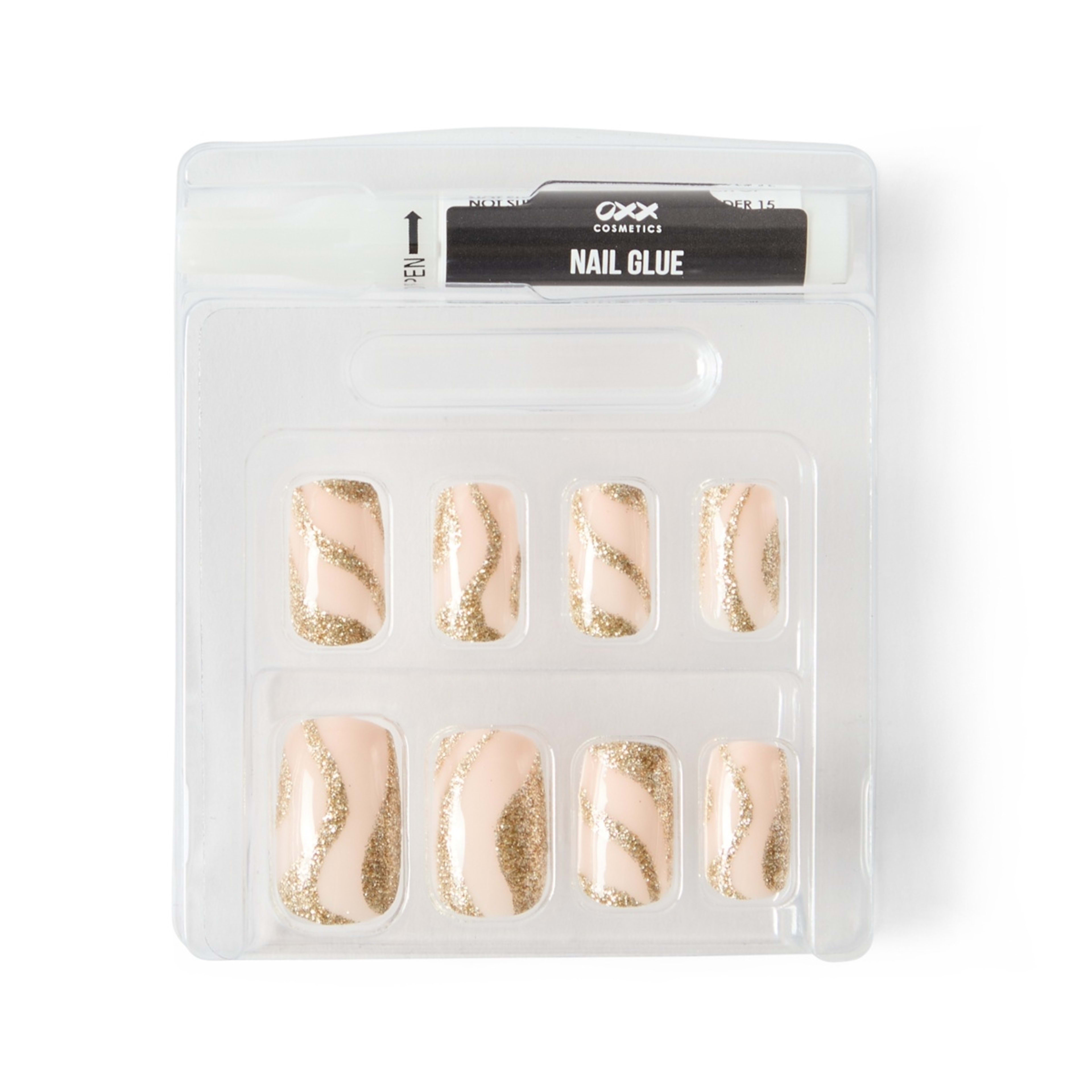 4 OXX Cosmetics 24 Pack Artificial Nails with Adhesive - Medium Square Shape, Nude and Gold, 4 of 5