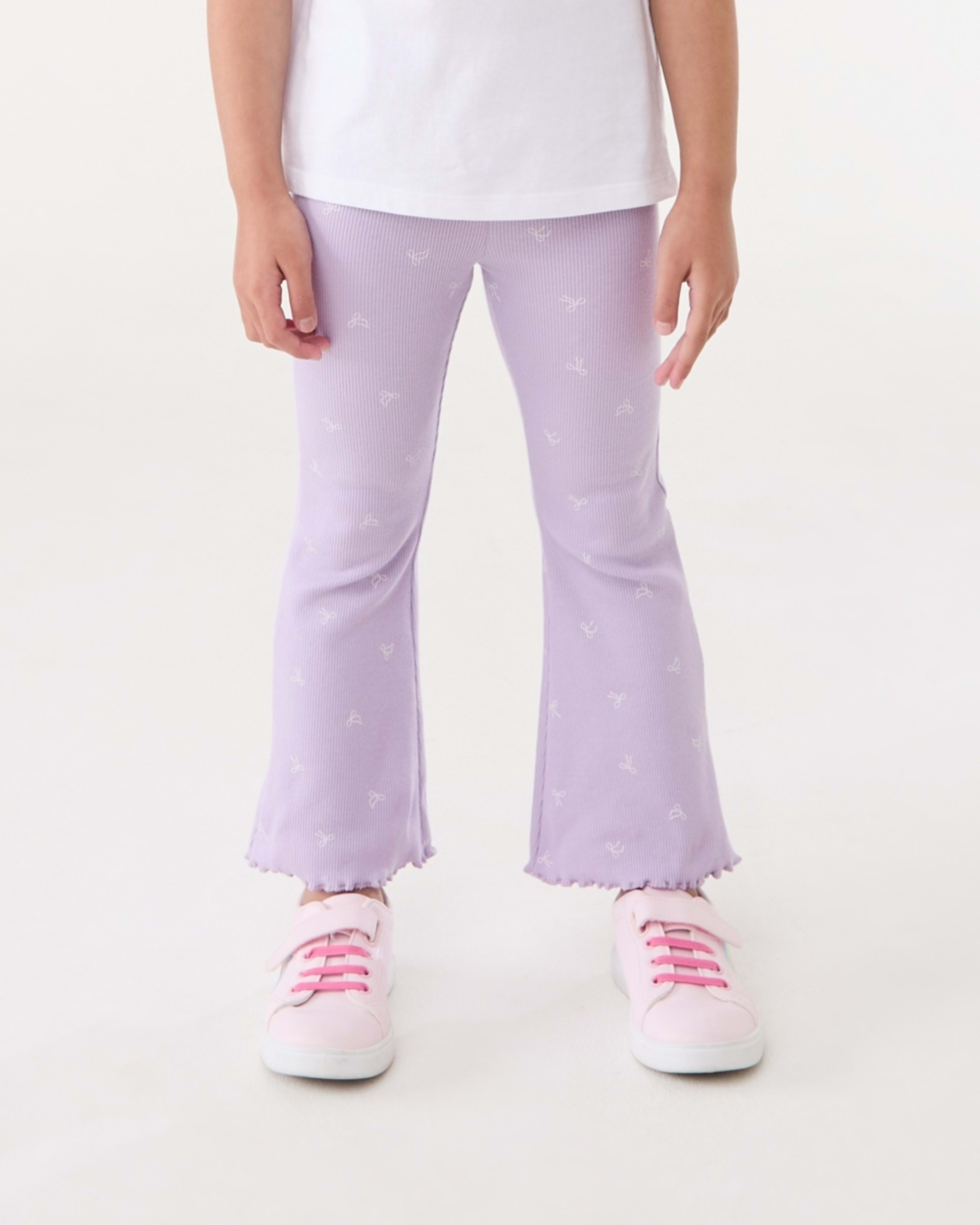 1 Rib Flare Leggings CUTE BOWS PASTEL LILAC, 1 of 5
