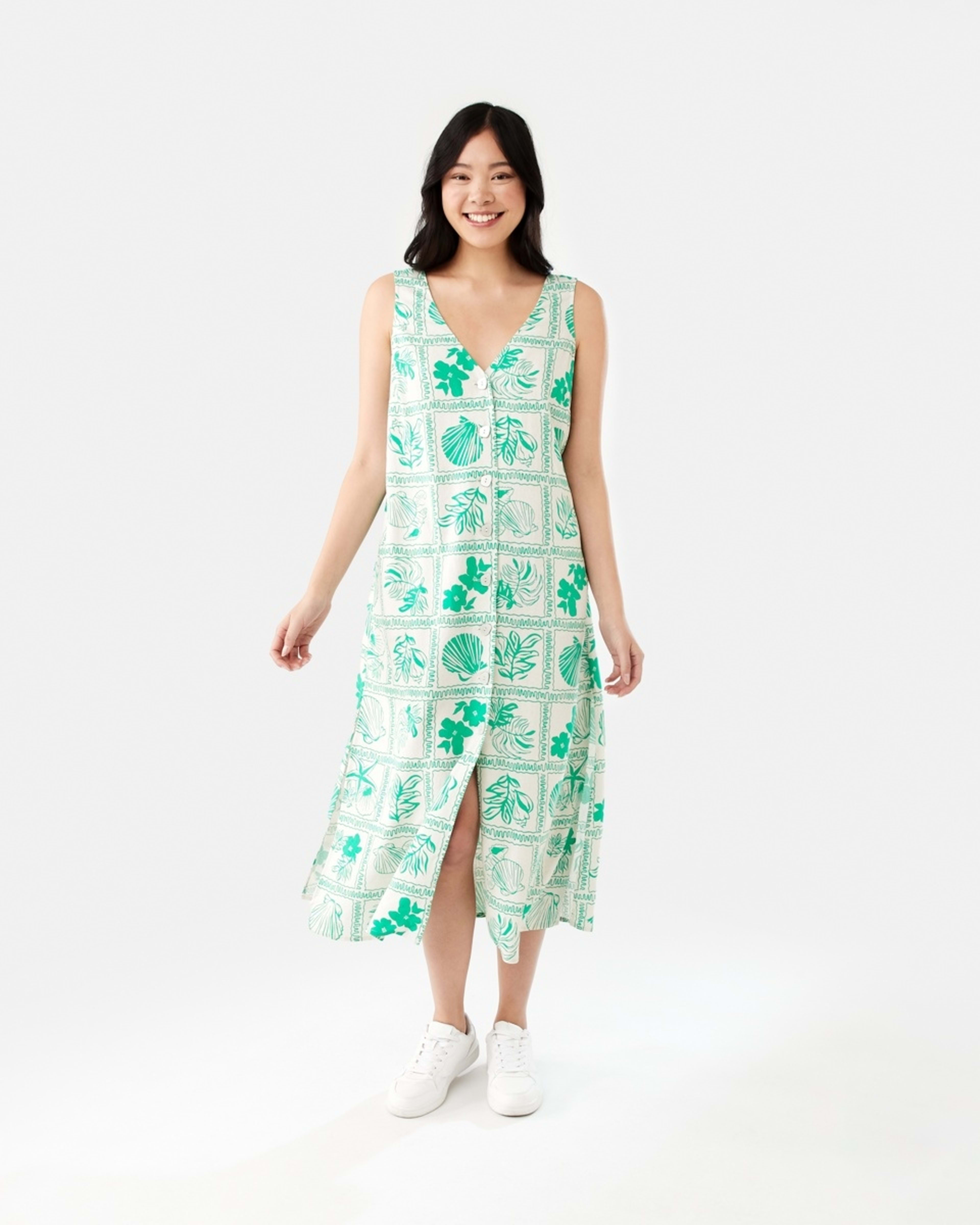 1 Sleeveless Longline Button Through Midi Dress SHELL GEO SIMPLY GREEN