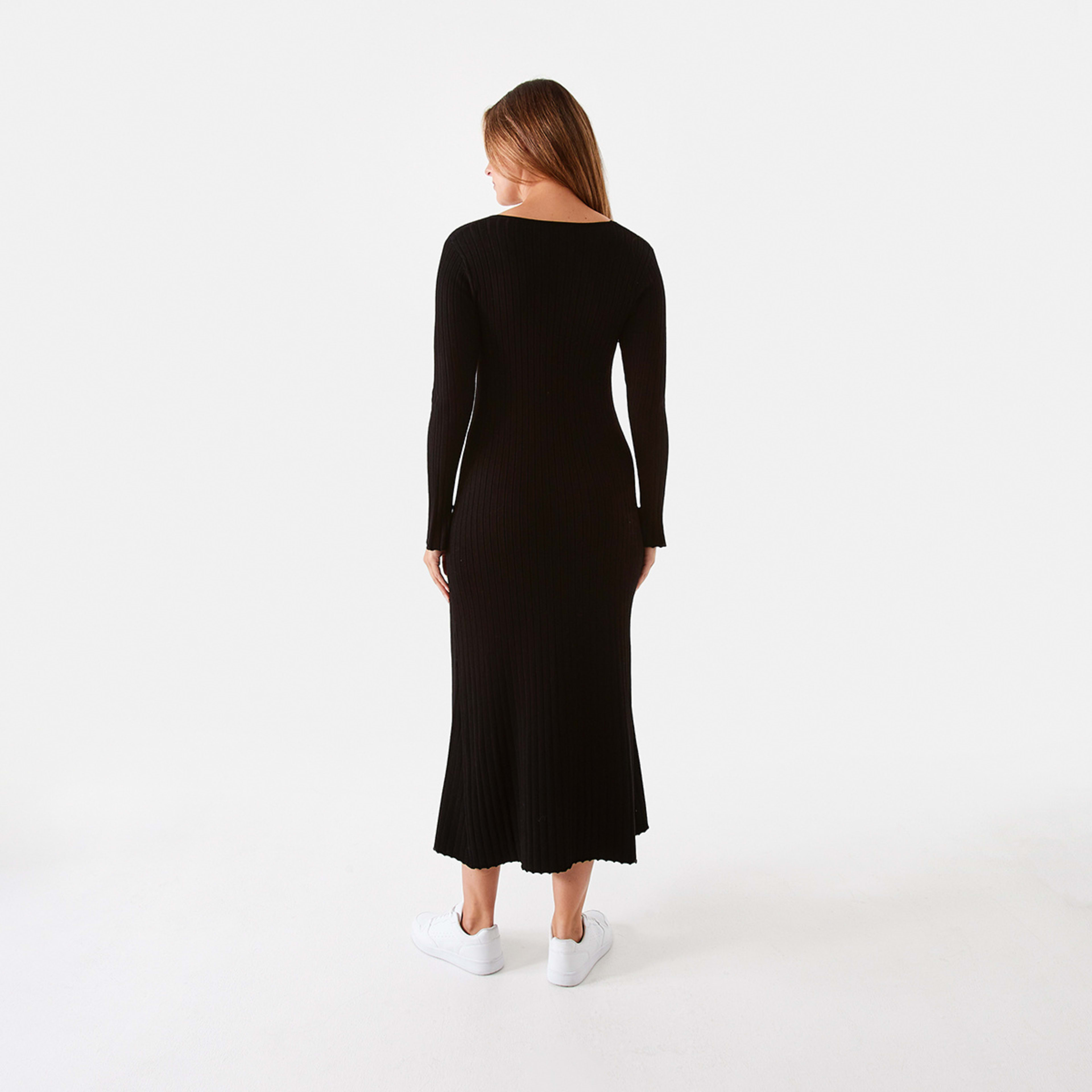 3 Long Sleeve V-Neck Ribbed Maxi Dress Black, 3 of 6