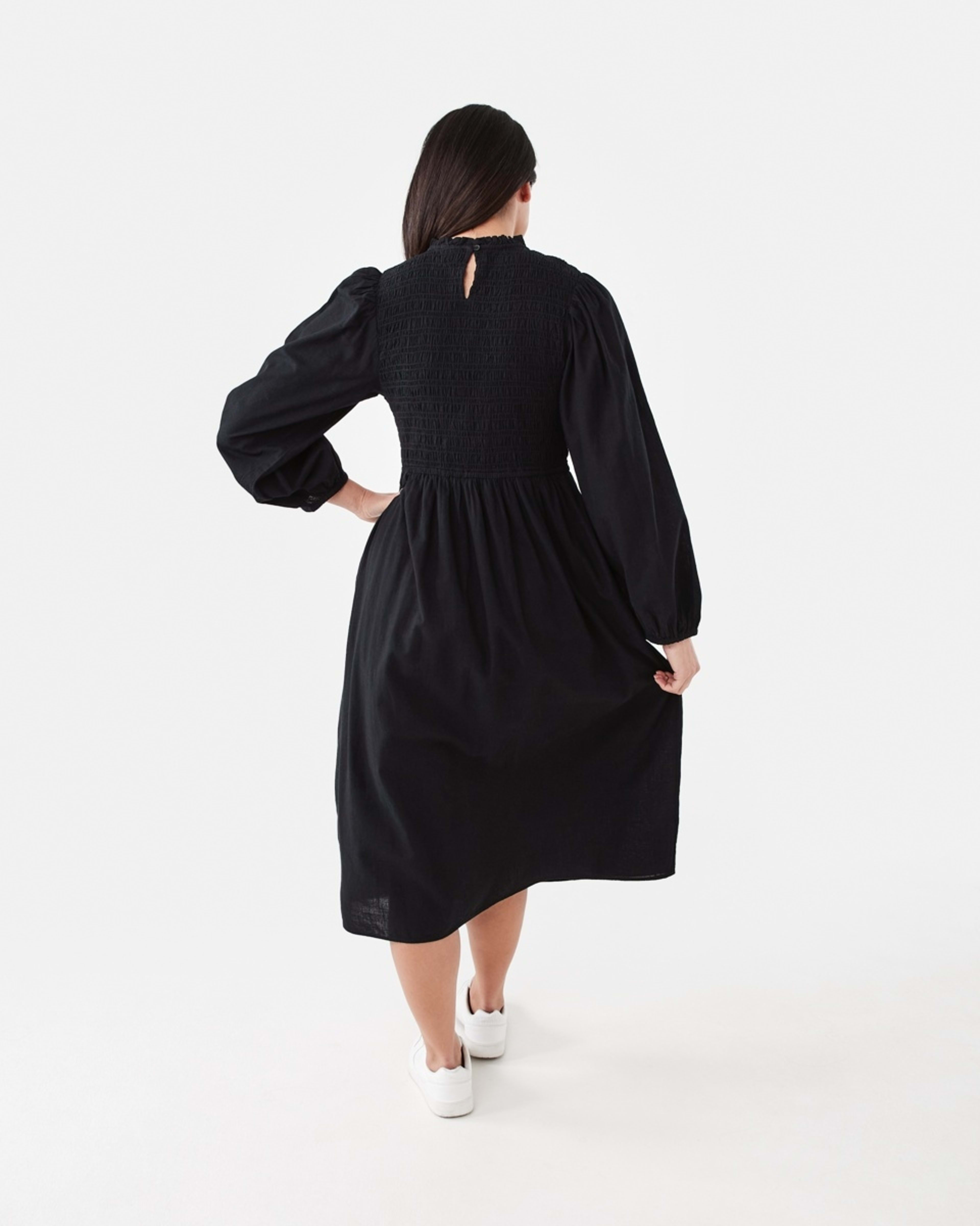 3 Long Sleeve Shirred Bodice Midi Dress Black, 3 of 7