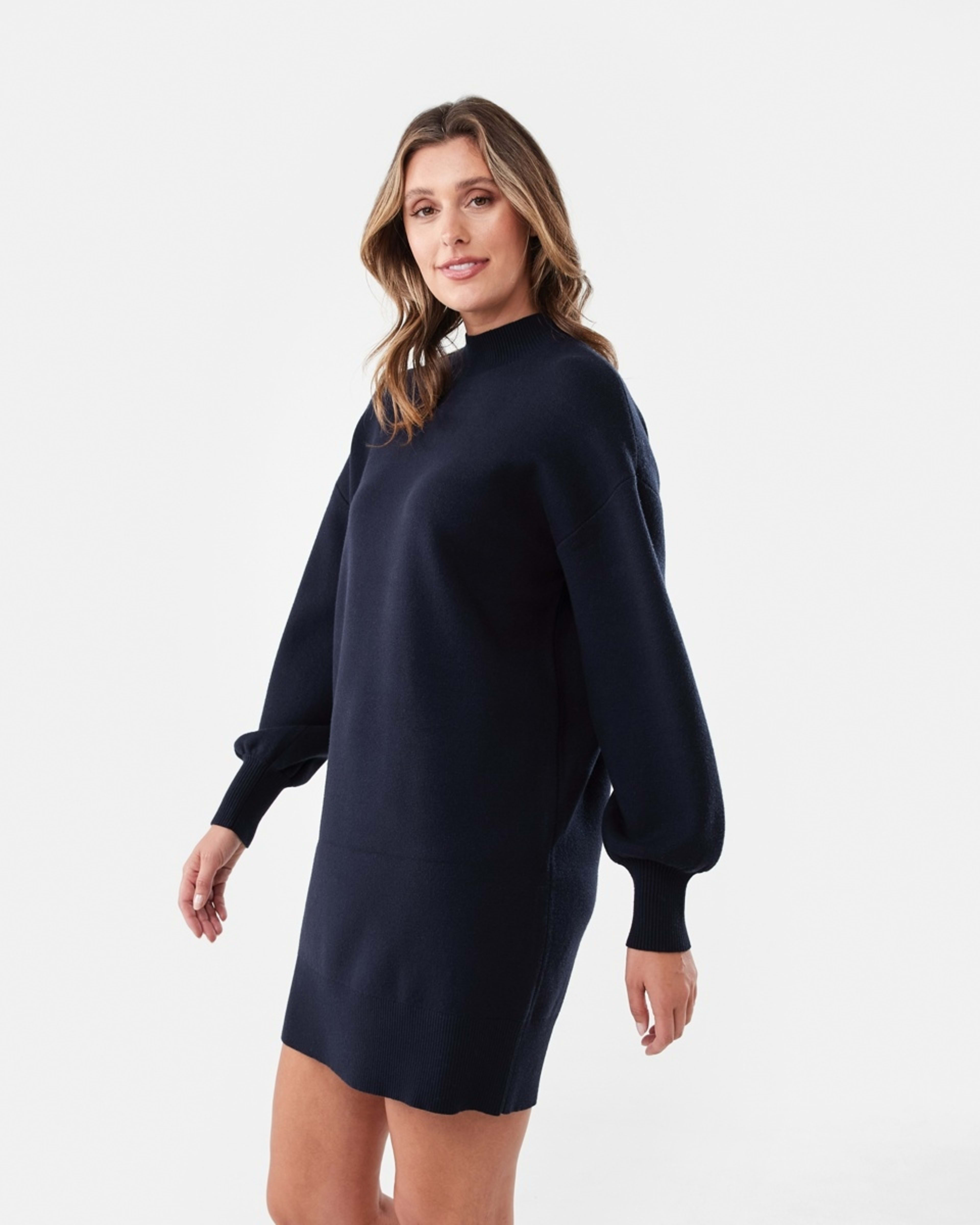 2 Long Sleeve Mock Neck True Knit Mini Dress Navy Blaze, 2 of 7