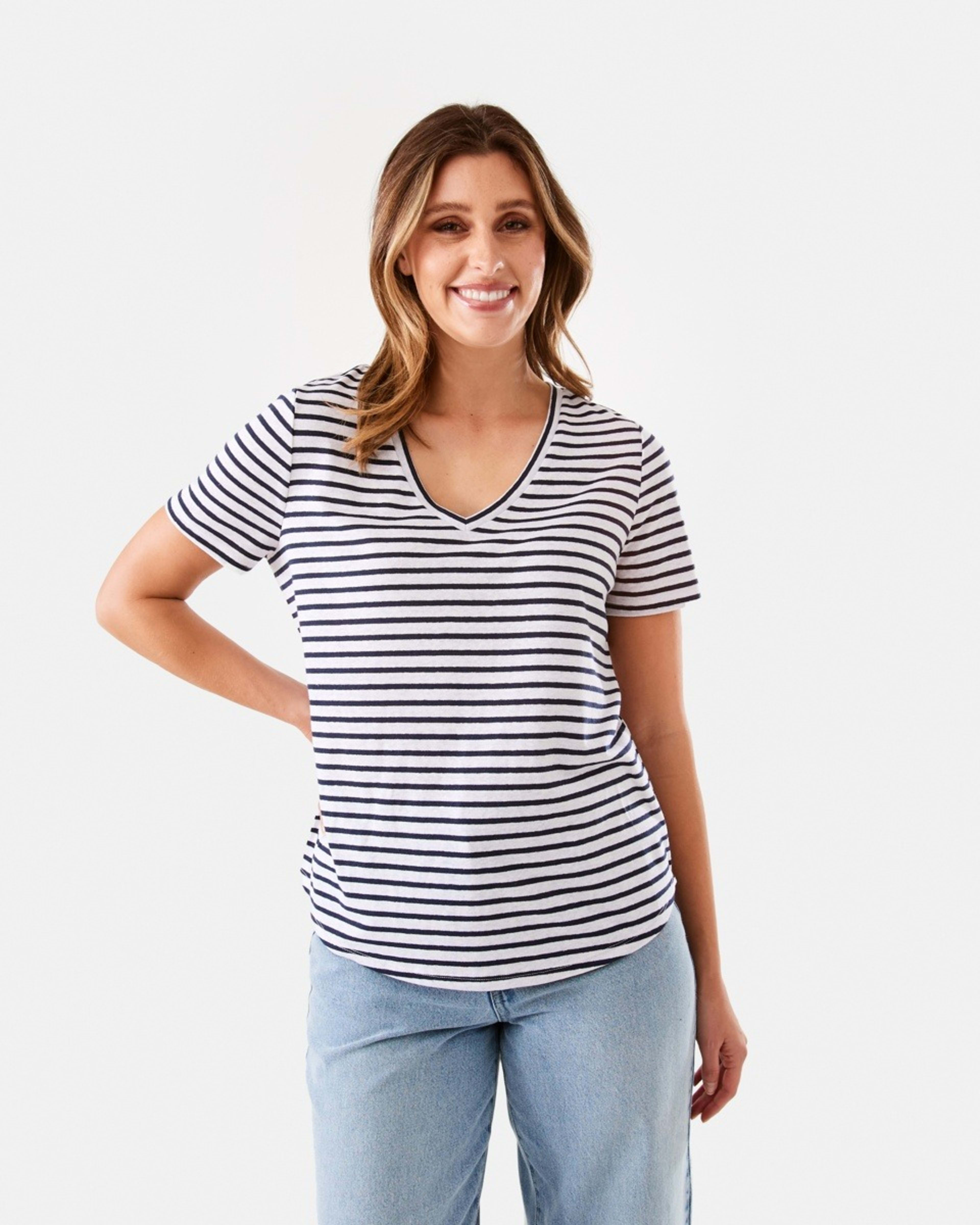 1 Linen Blend Short Sleeve V-Neck T-shirt Strp W, 1 of 7