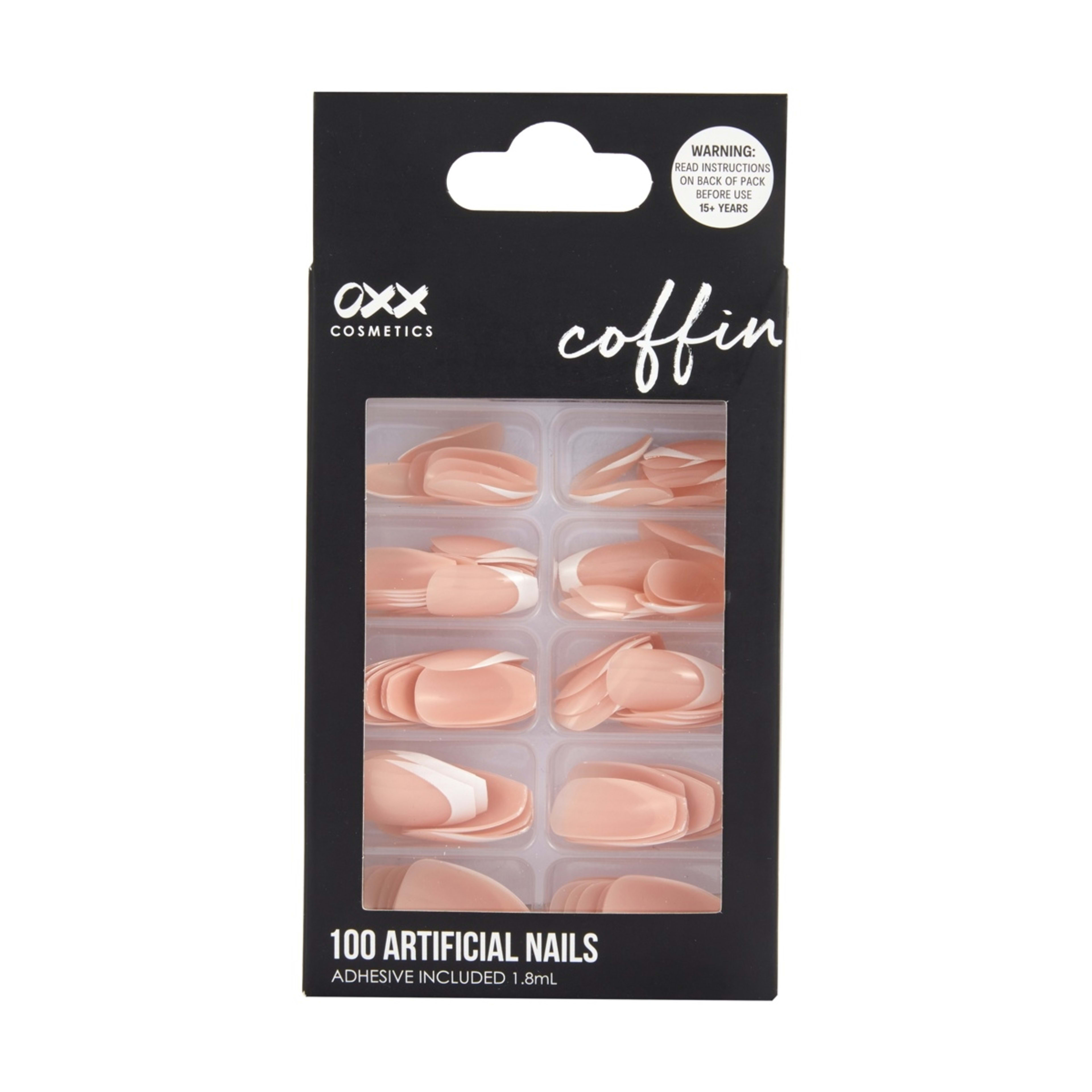1 OXX Cosmetics 100 Pack Artificial Nails with Adhesive - Coffin Shape, French Tip, 1 of 5