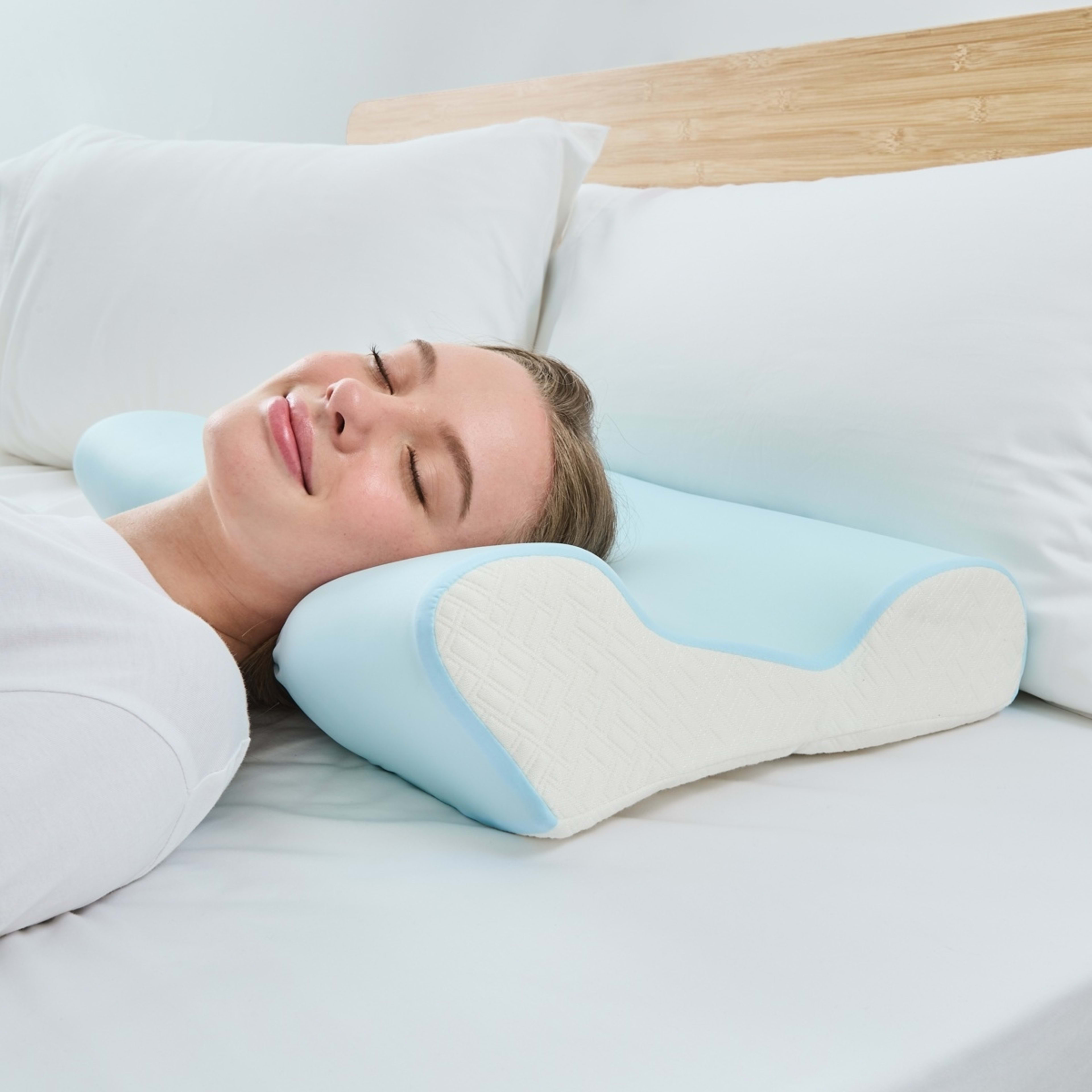 2 Ergonomic Memory Foam Pillow - Medium Profile, Blue and White, 2 of 10
